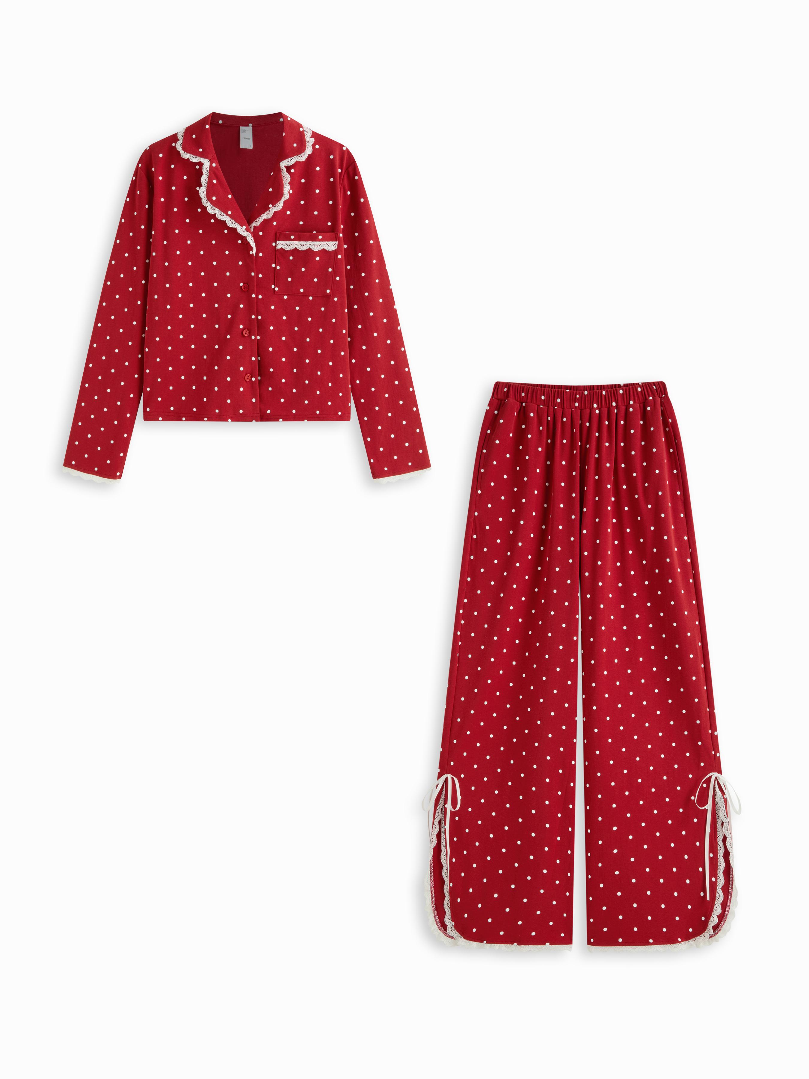 Cotton-blend Polka Dot Lace Trim Top & High Rise Bowknot Wide Leg Trousers Loungewear Set by CIDER