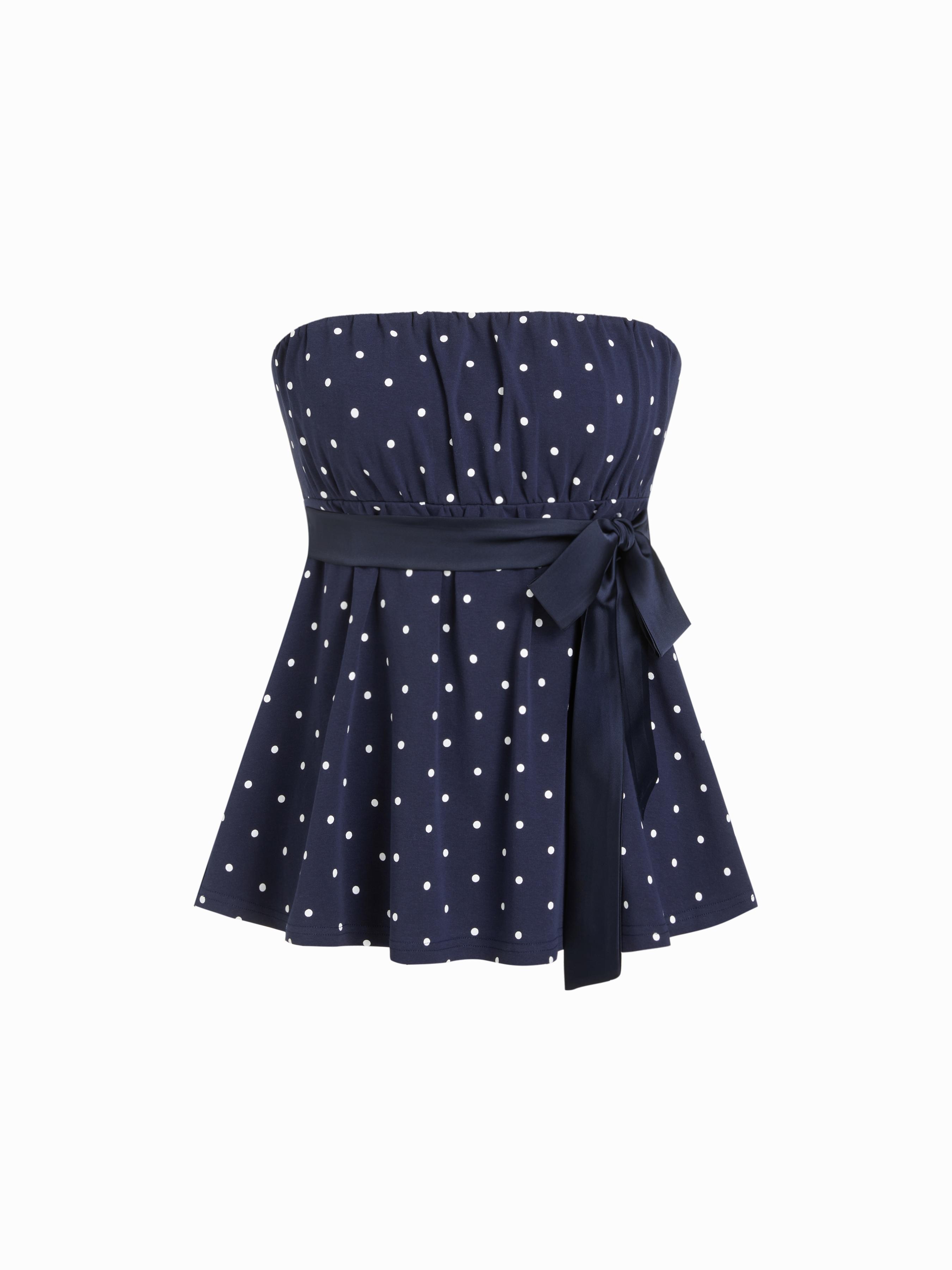 Cotton-blend Polka Dot Satin Bow Belt Bandeau Top by CIDER