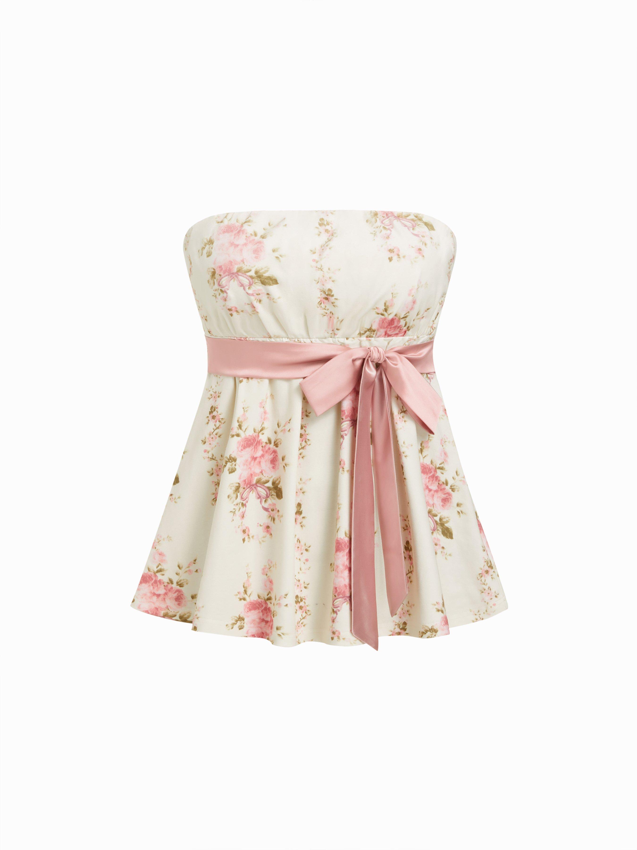 Cotton-blend Polka Dot Satin Bow Belt Bandeau Top by CIDER