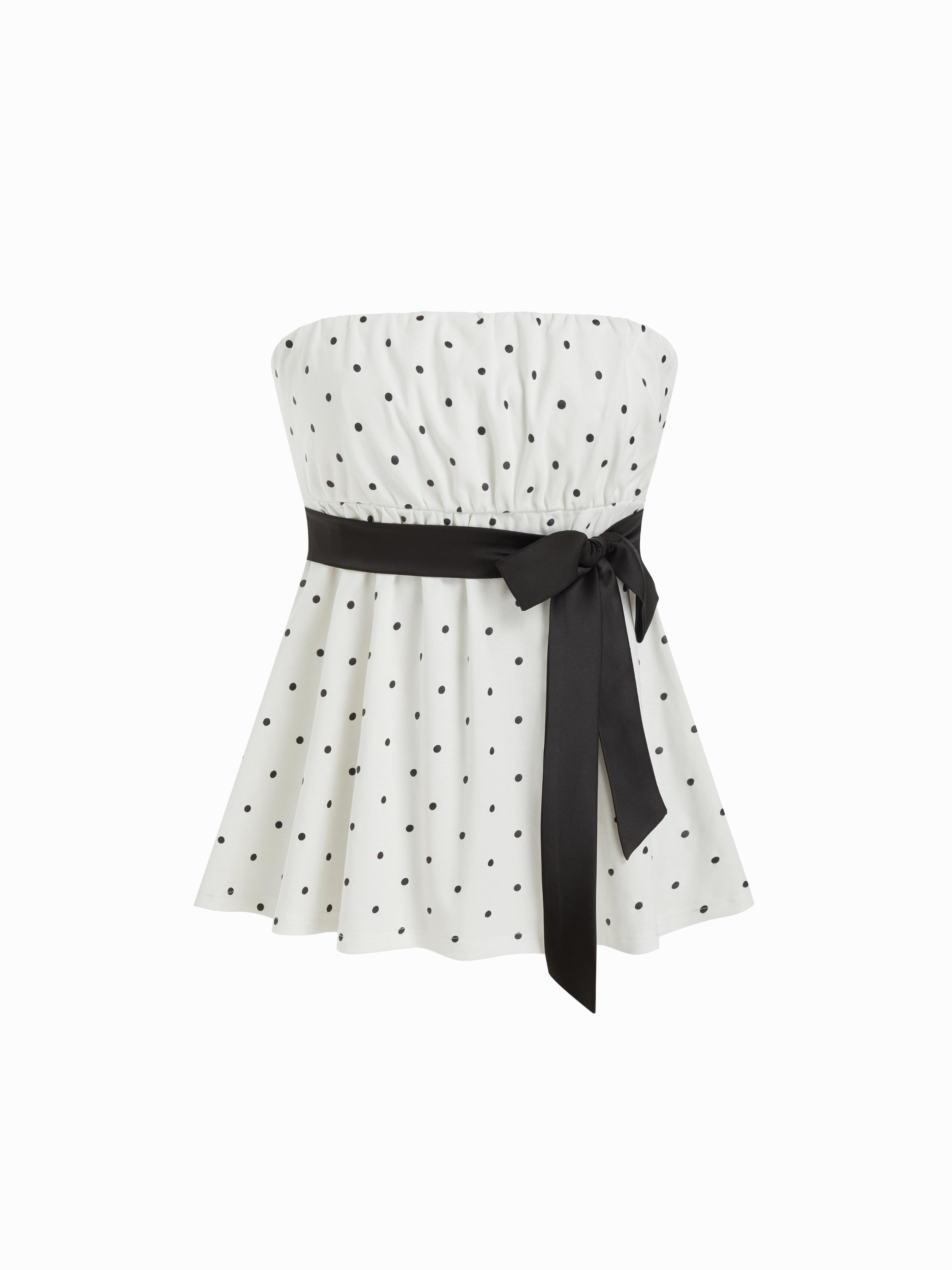 Cotton-blend Polka Dot Satin Bow Belt Bandeau Top by CIDER