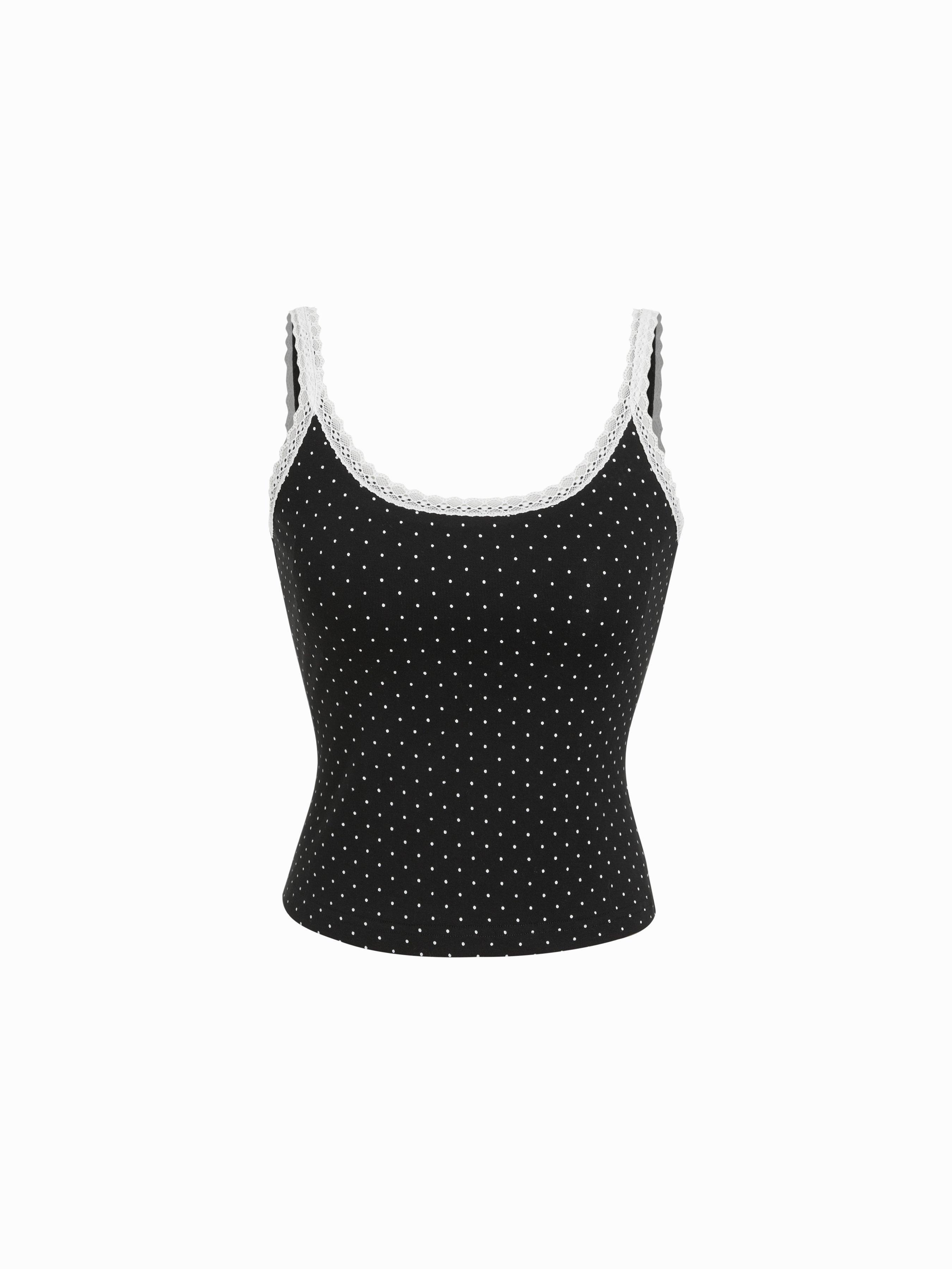 Cotton-blend Polka Dot Scoop Neckline Lace Trim Cami Top by CIDER