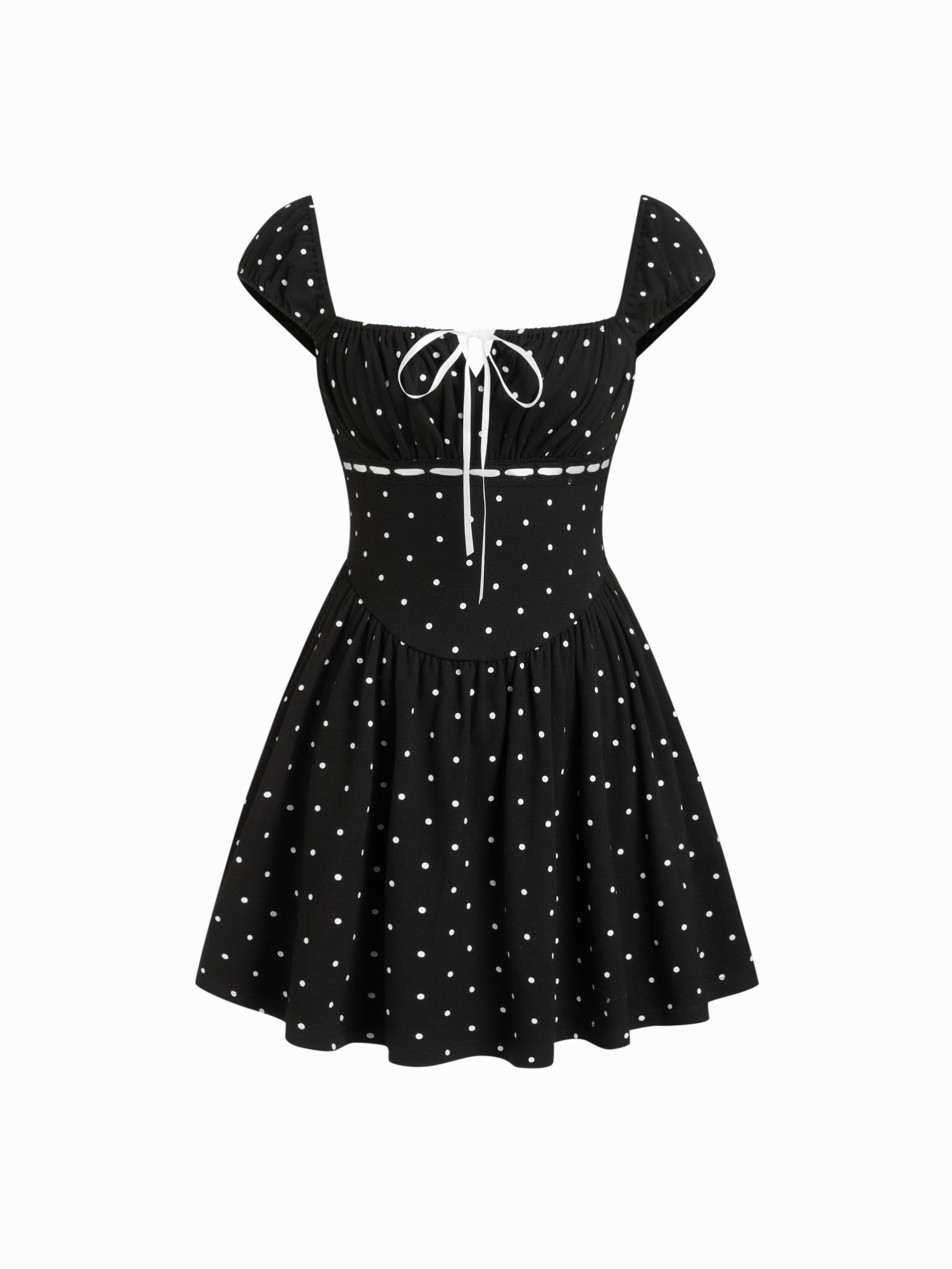 Cotton-blend Polka Dot Square Neck Bowknot A-line Mini Dress by CIDER