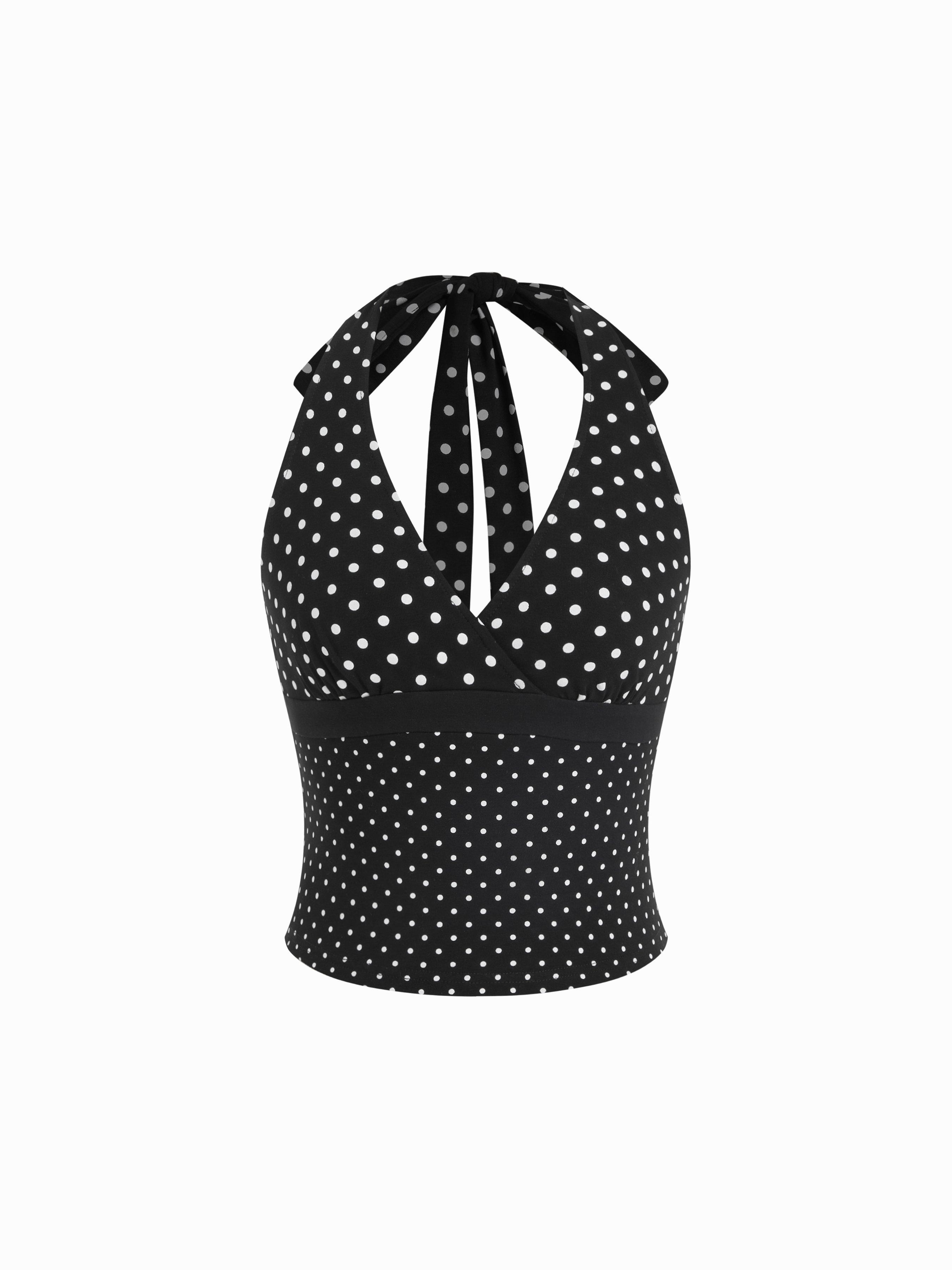 Cotton-blend Polka Dot V-neck Halter Tank Top by CIDER