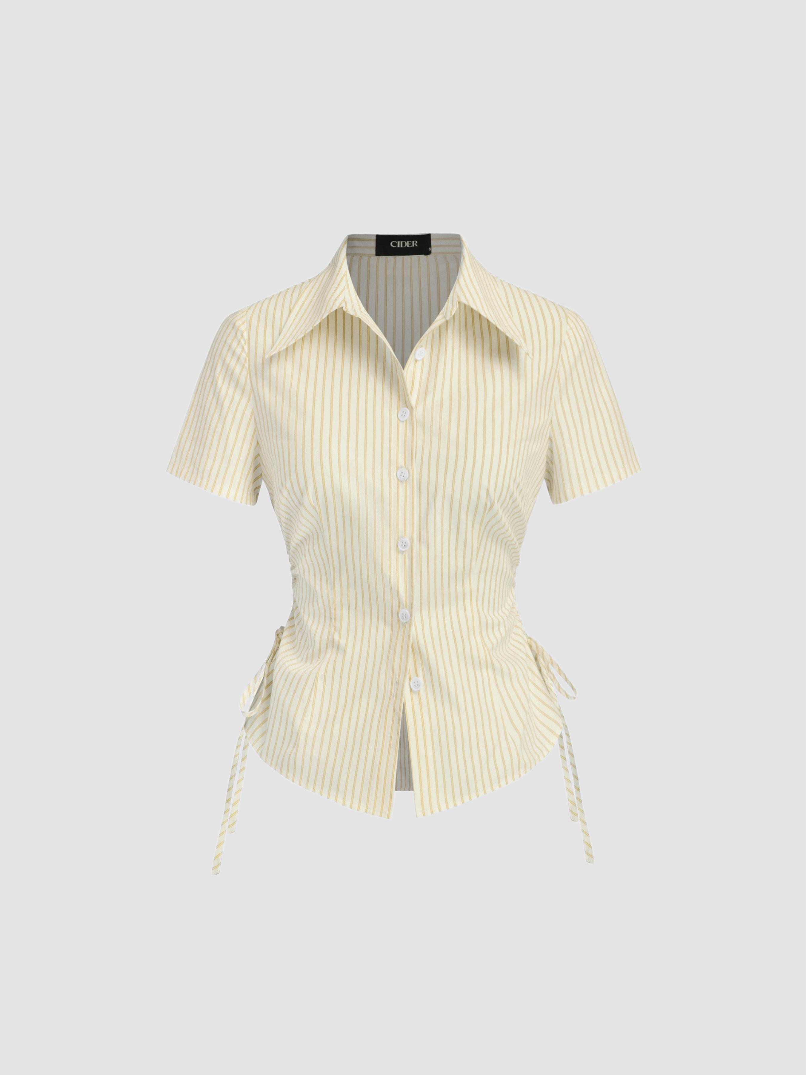 Cotton-blend Polo Collar Stripe Drawstring Knotted Shirt by CIDER