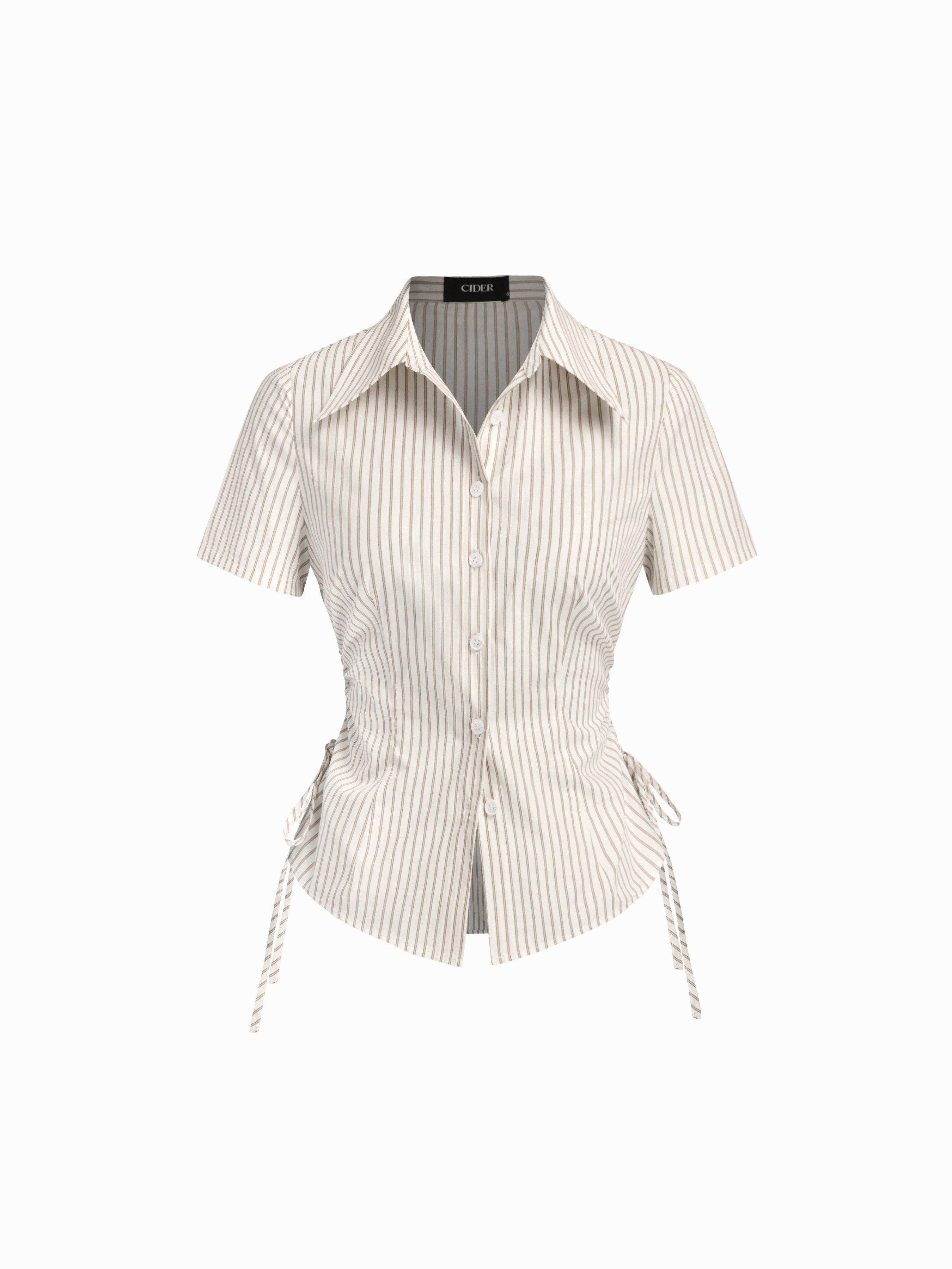 Cotton-blend Polo Collar Stripe Drawstring Knotted Shirt by CIDER