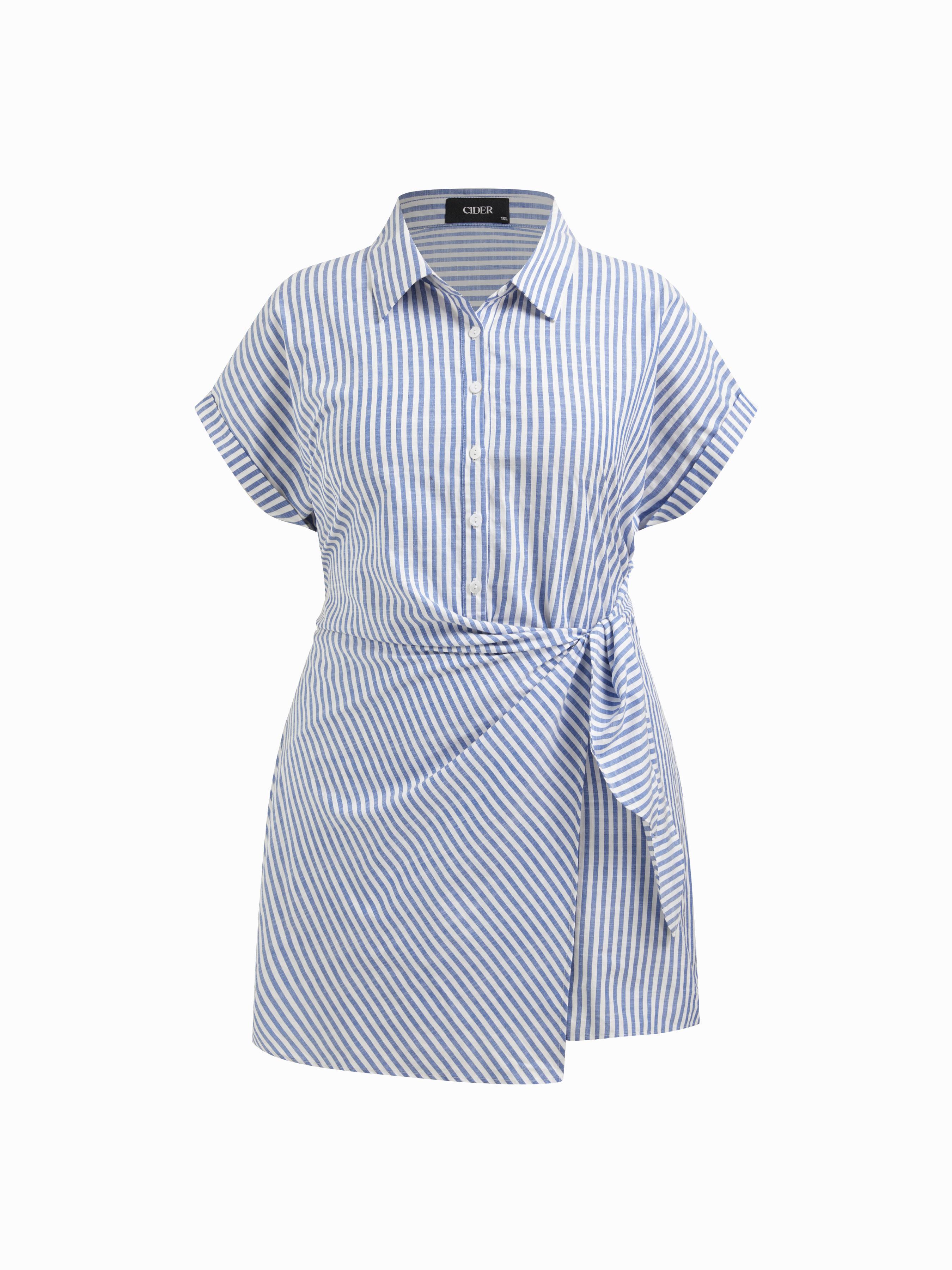 Cotton-blend Polo Collar Striped Draped Mini Dress Curve & Plus by CIDER