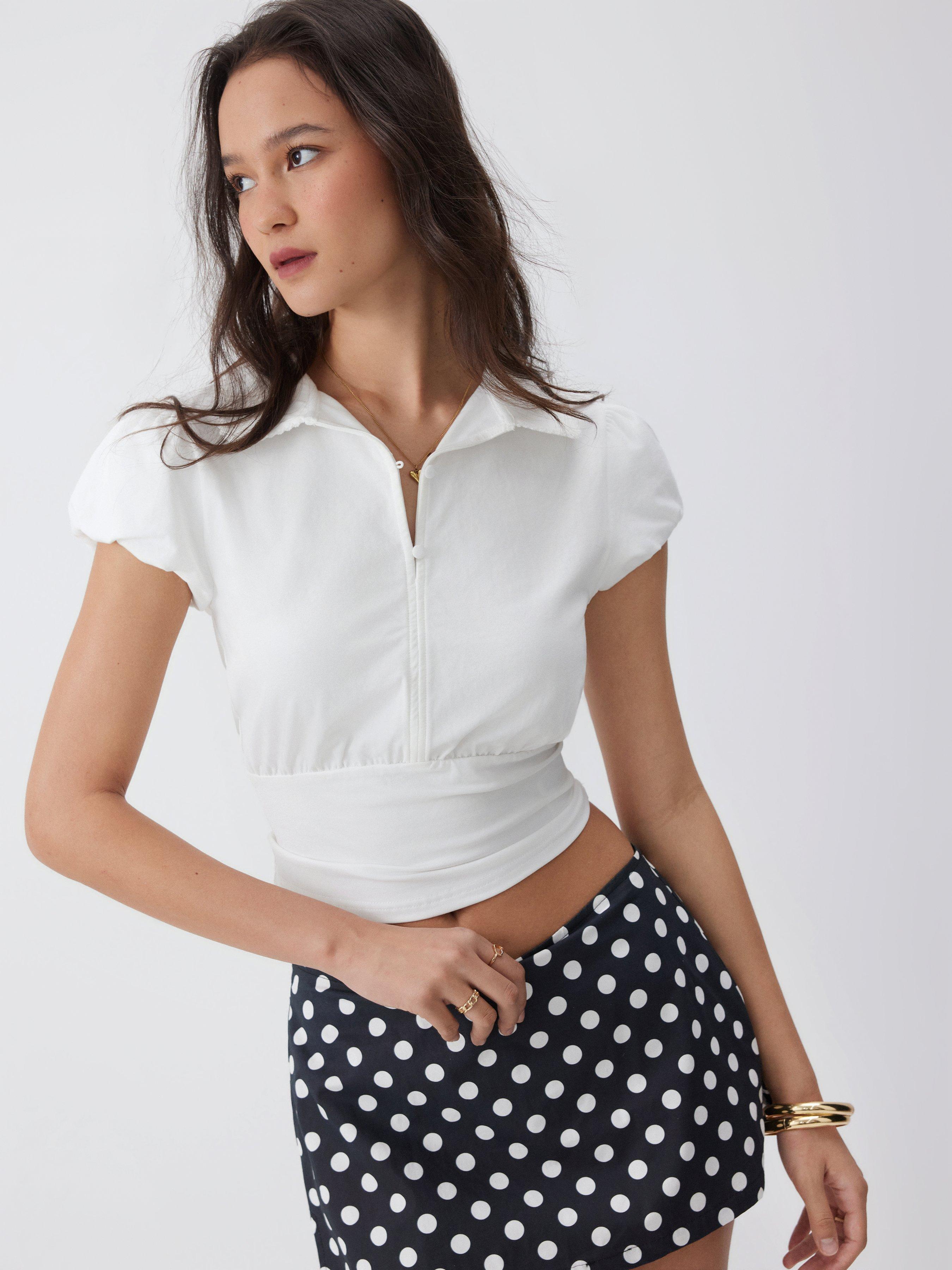 Cotton-blend Polo Neck Puff Sleeve Drawstring Top by CIDER