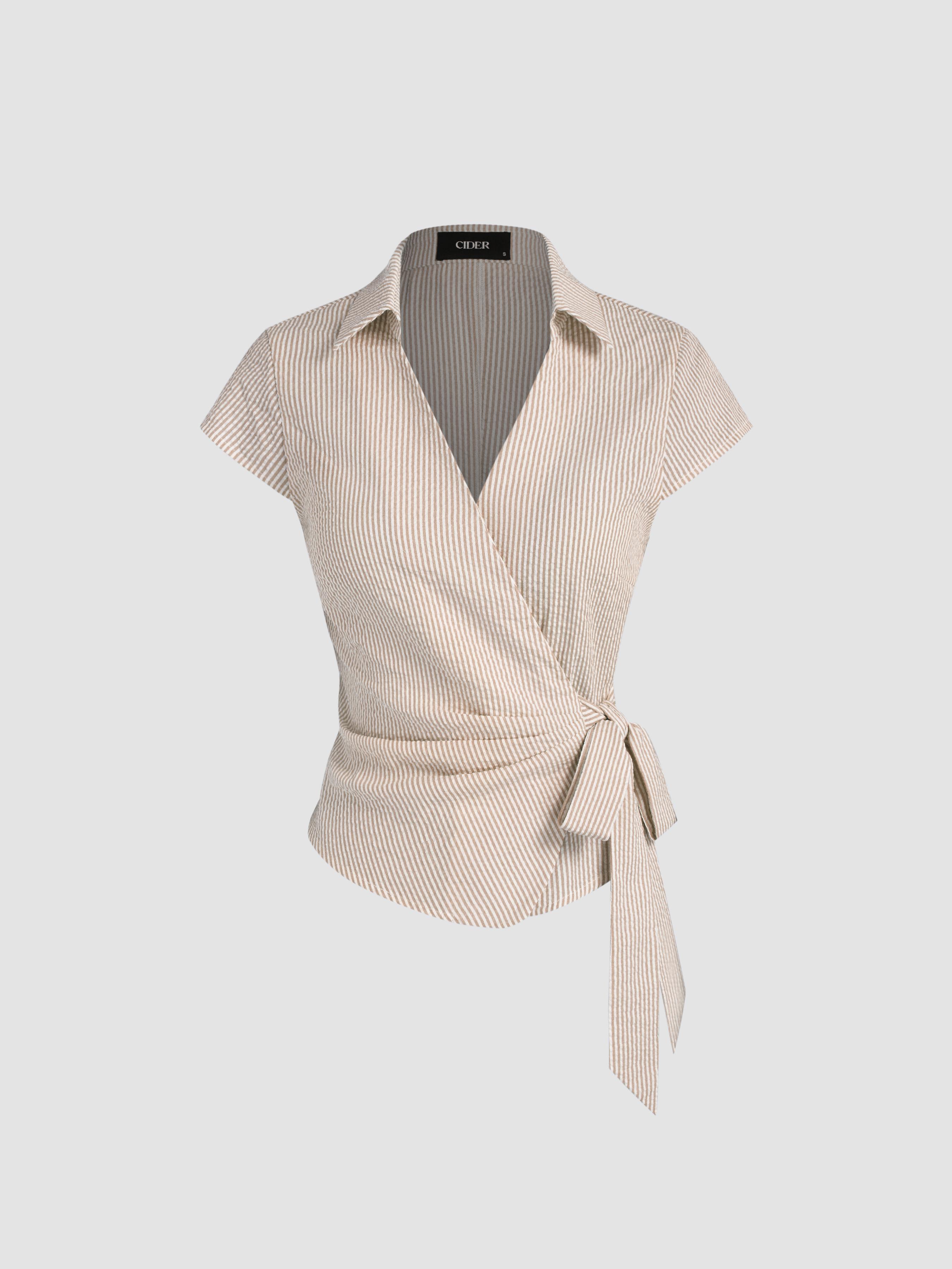 Cotton-blend Polo Neck Stripe Knotted Blouse by CIDER