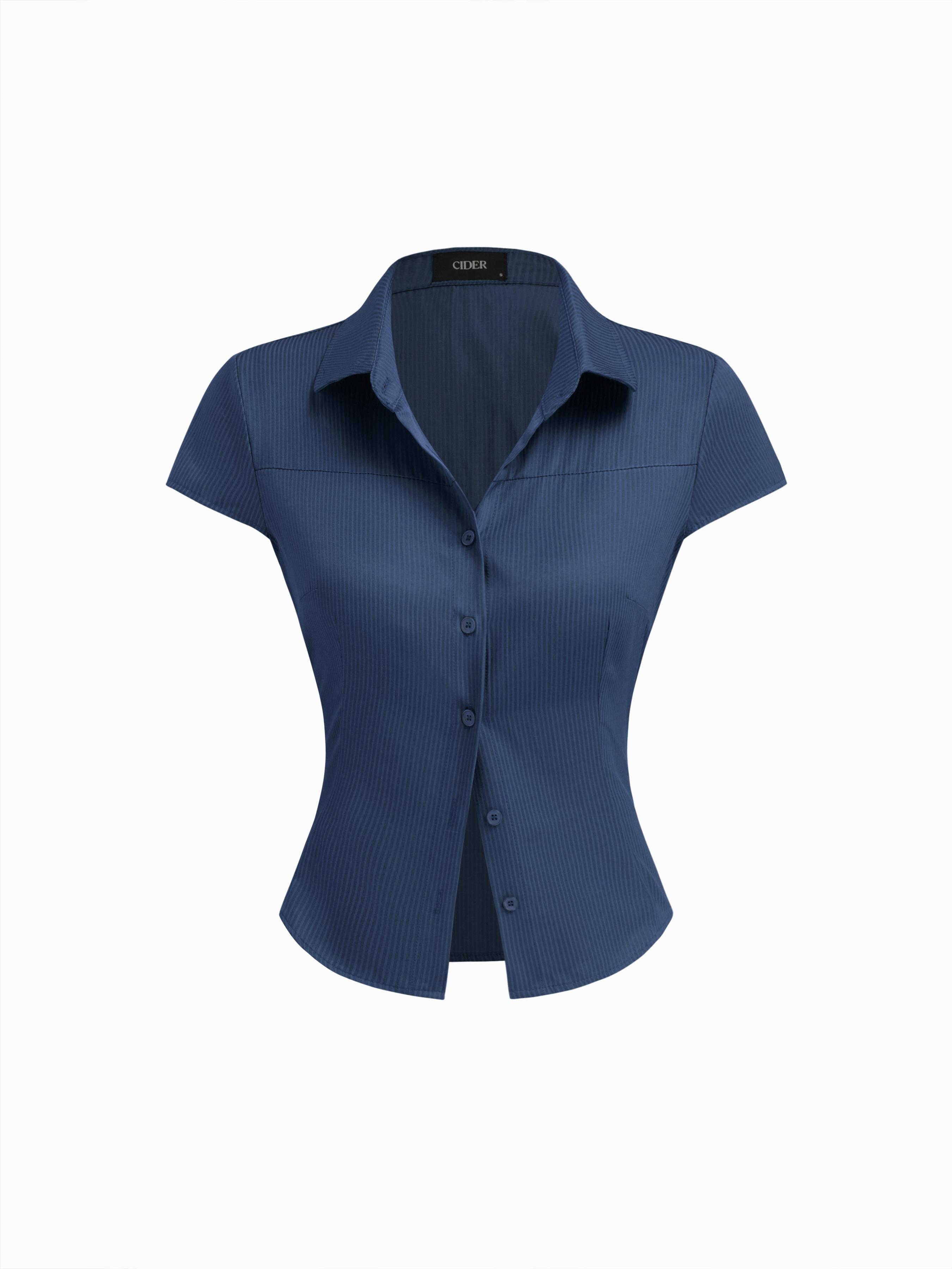 Cotton-blend Polo Neck Stripe Short Sleeve Shirt by CIDER