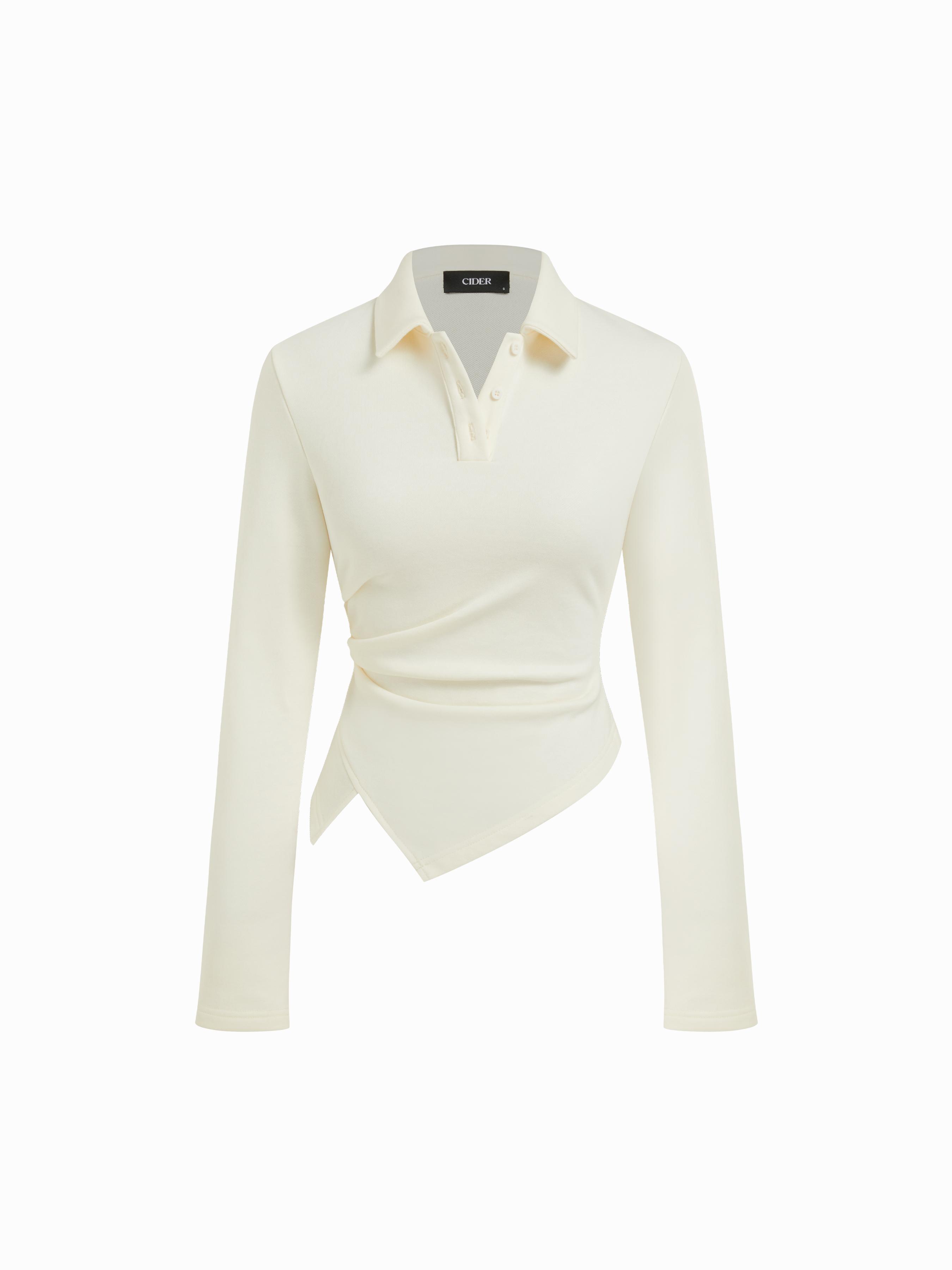 Cotton-blend Polo Ruched Hanky Hem Long Sleeve Top by CIDER