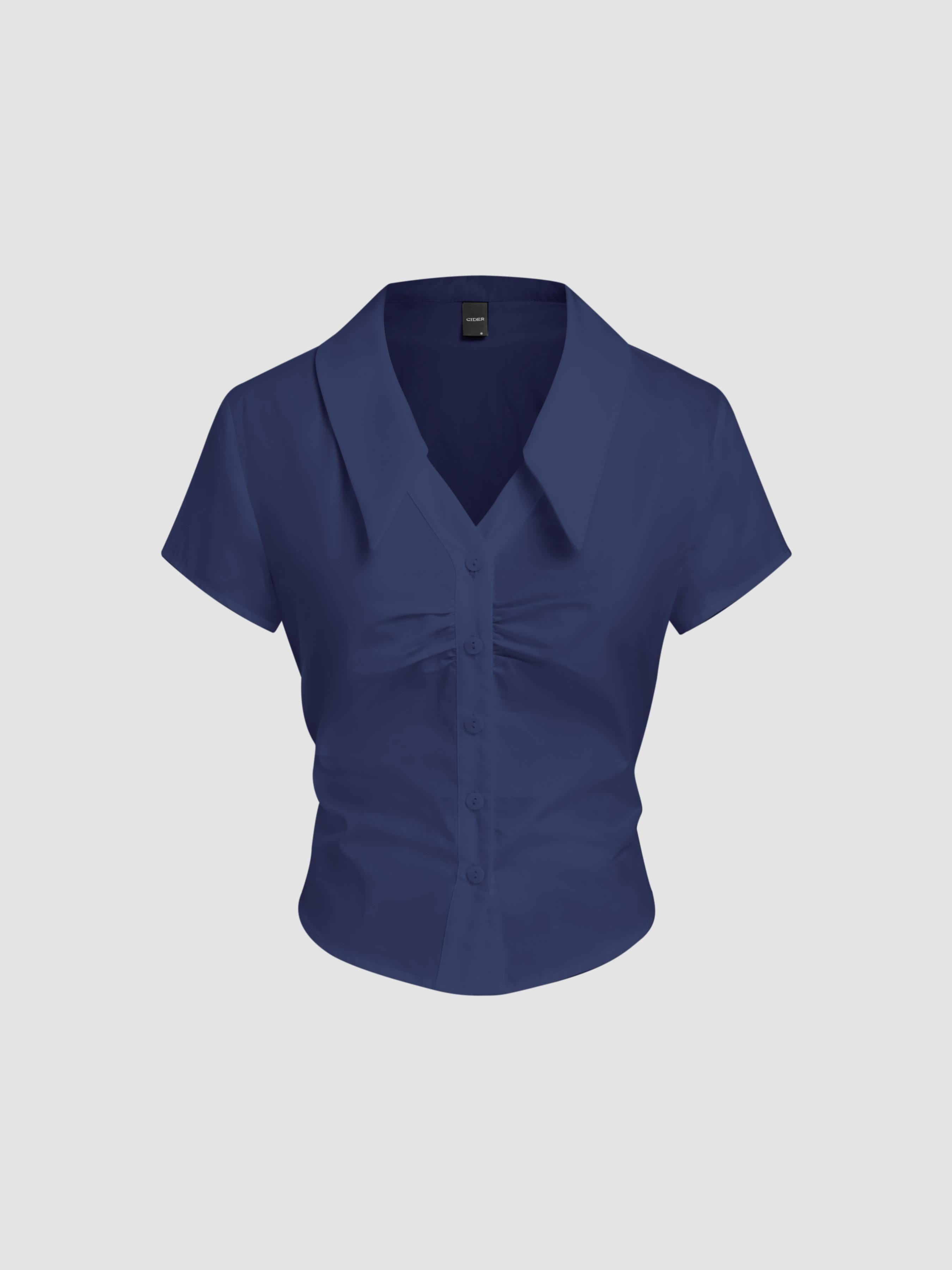 Cotton-blend Polo V-neck Ruched Short Sleeve Shirt by CIDER