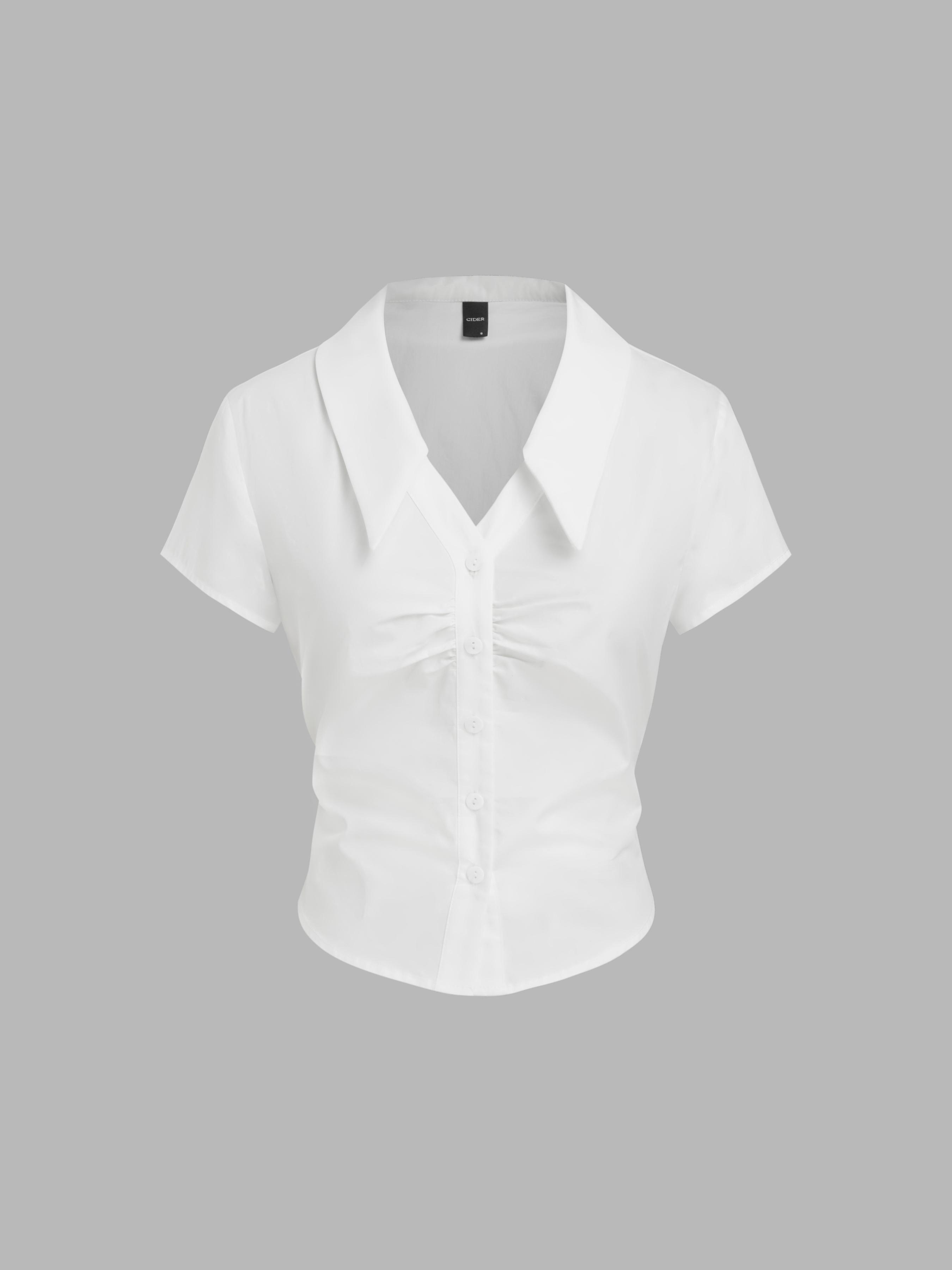 Cotton-blend Polo V-neck Ruched Short Sleeve Shirt by CIDER