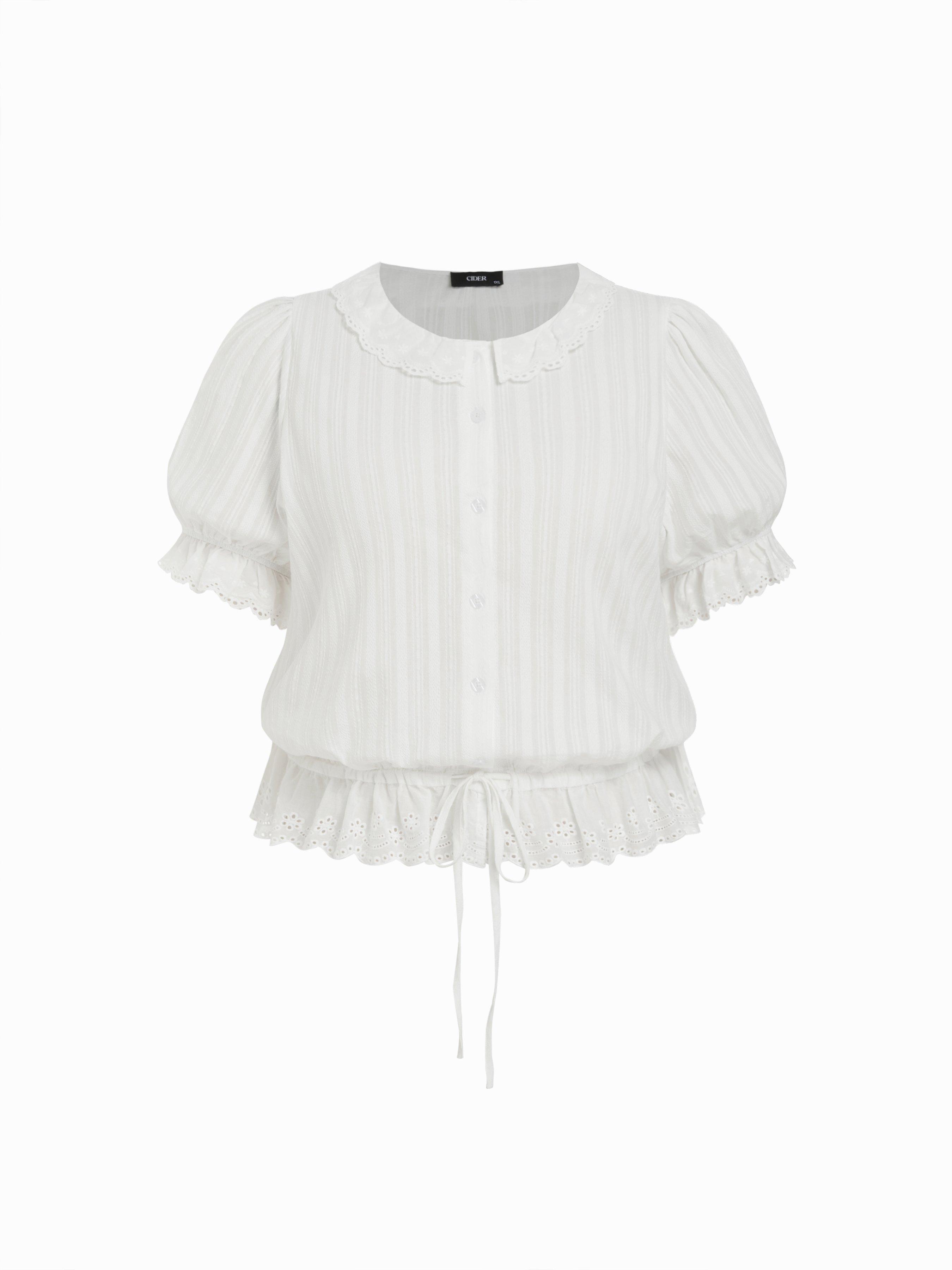Cotton-blend Puff Sleeve Lace Trim Broderie Anglaise Oversized Blouse Curve & Plus by CIDER