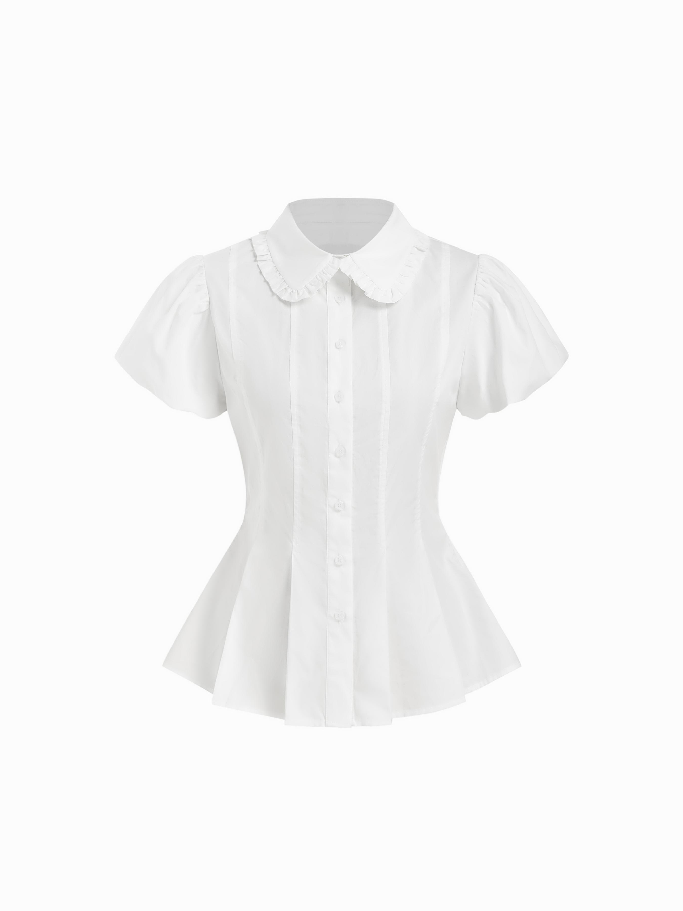 Cotton-blend Puff Sleeve Peter Pan Collar Peplum Blouse by CIDER