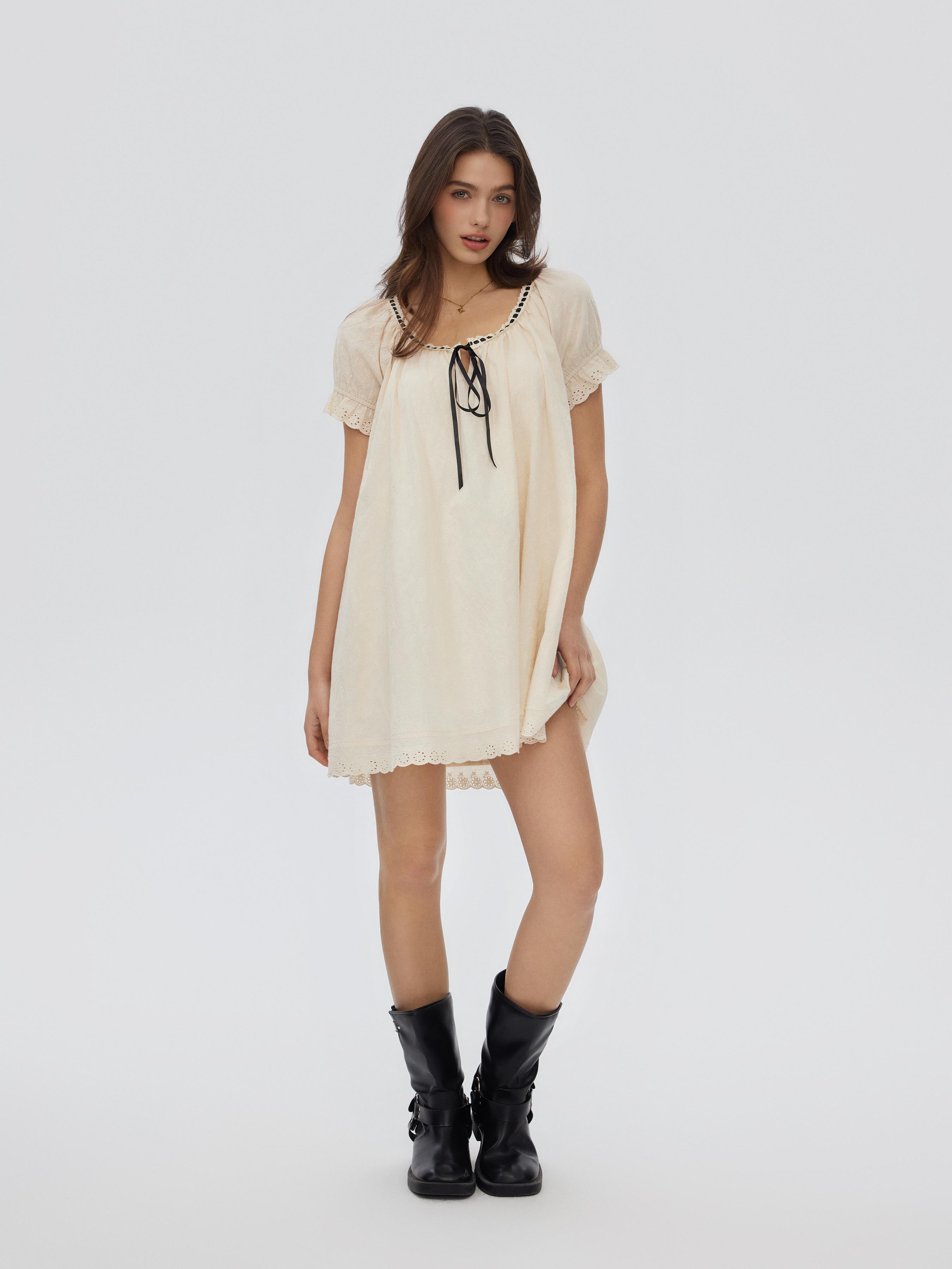 Cotton-blend Puff Sleeve Twist Knotted Scoop Neck Smock Mini Dress by CIDER