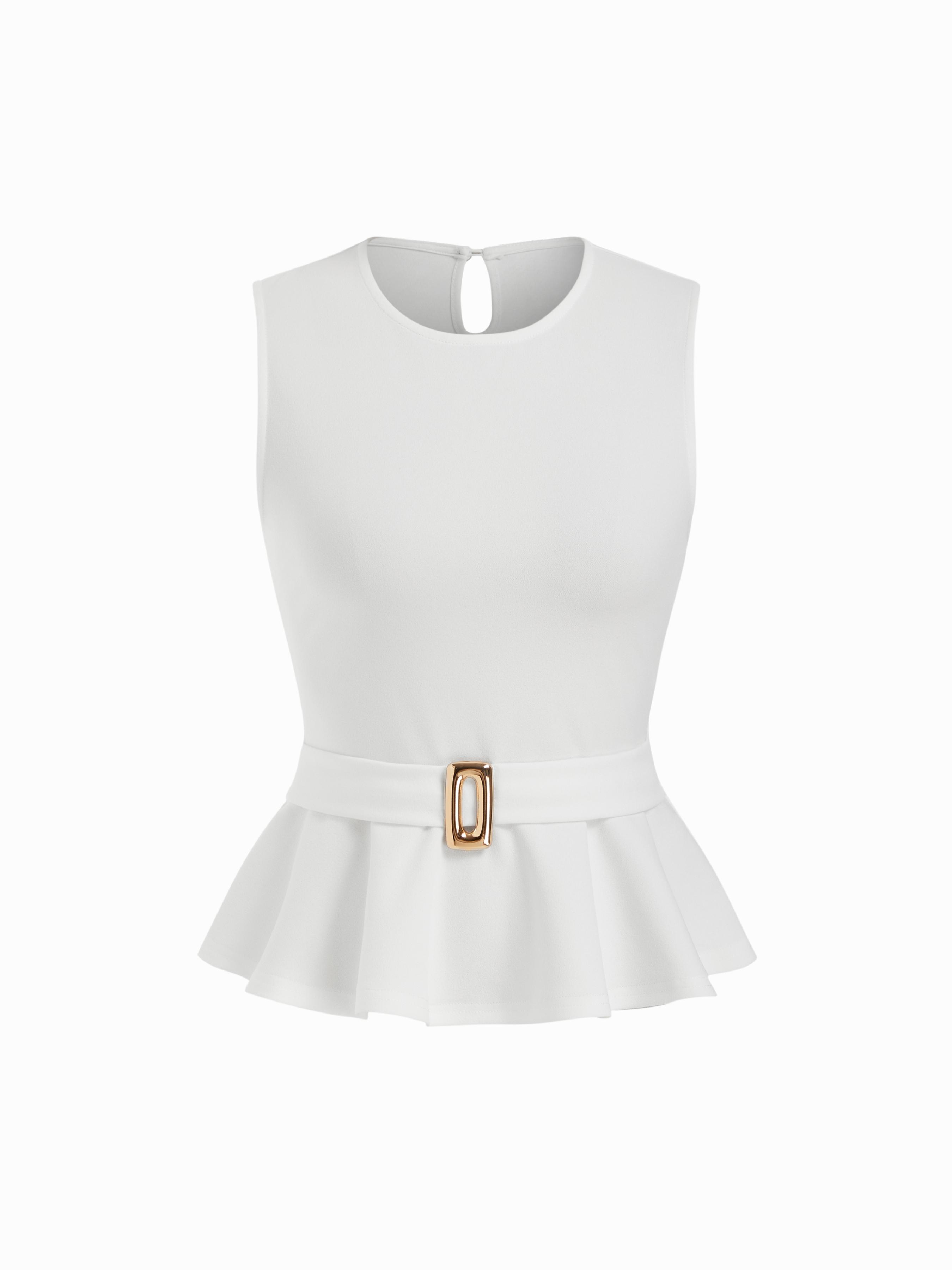 Cotton-blend Round Neck Ruffled Peplum Top With Metal Detail by CIDER