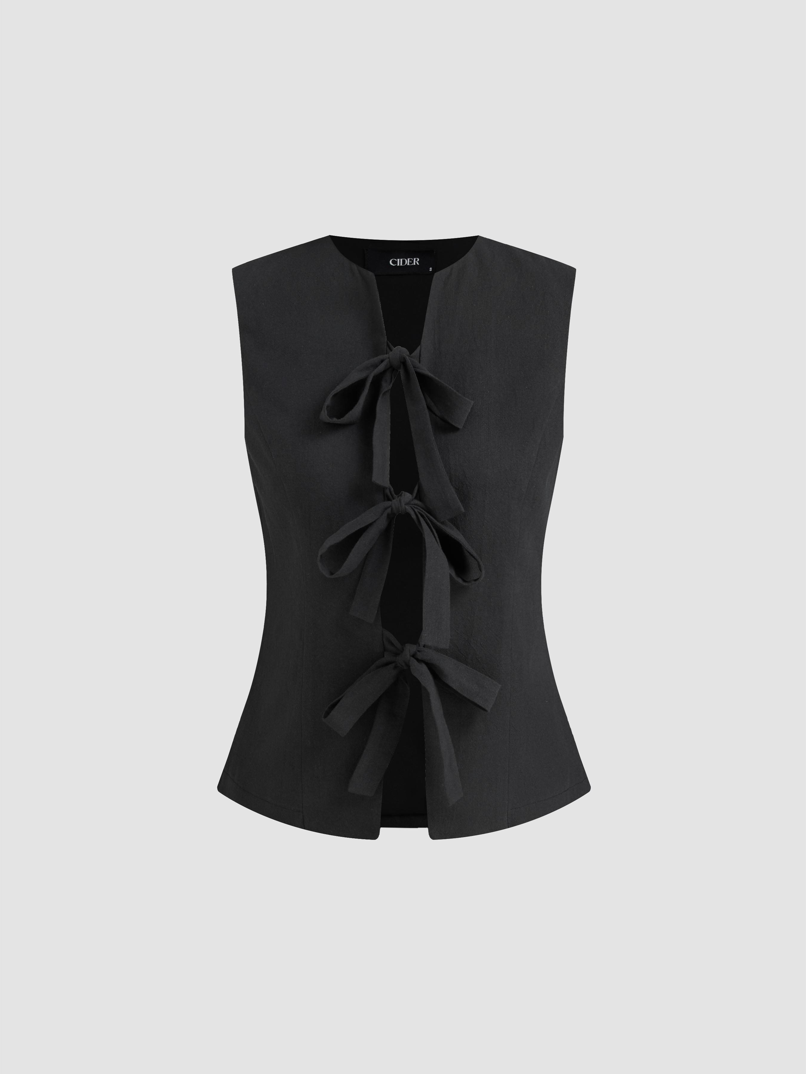 Cotton-blend Round Neck Solid Bowknot Sleeveless Vest by CIDER