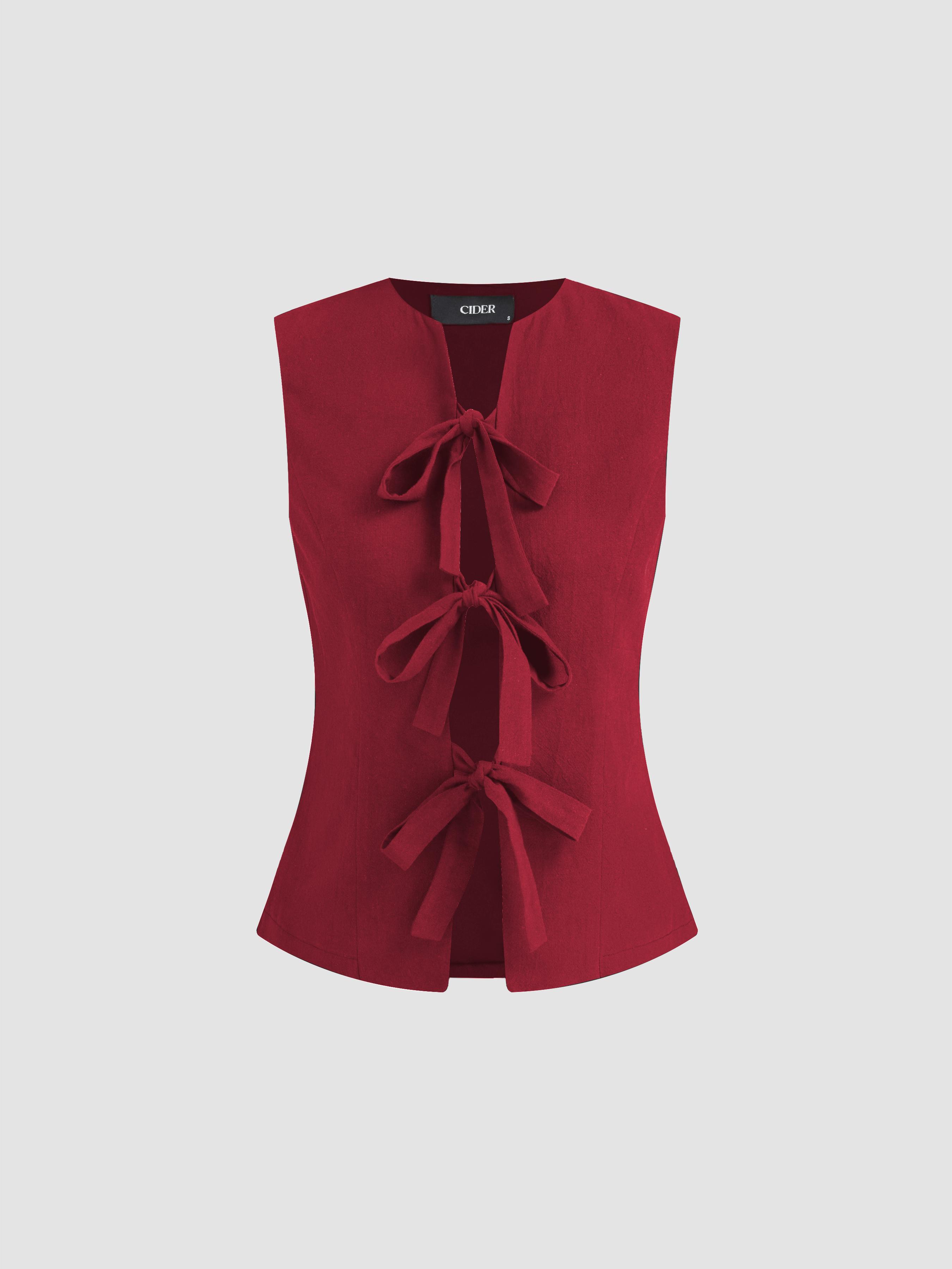 Cotton-blend Round Neck Solid Bowknot Sleeveless Vest by CIDER