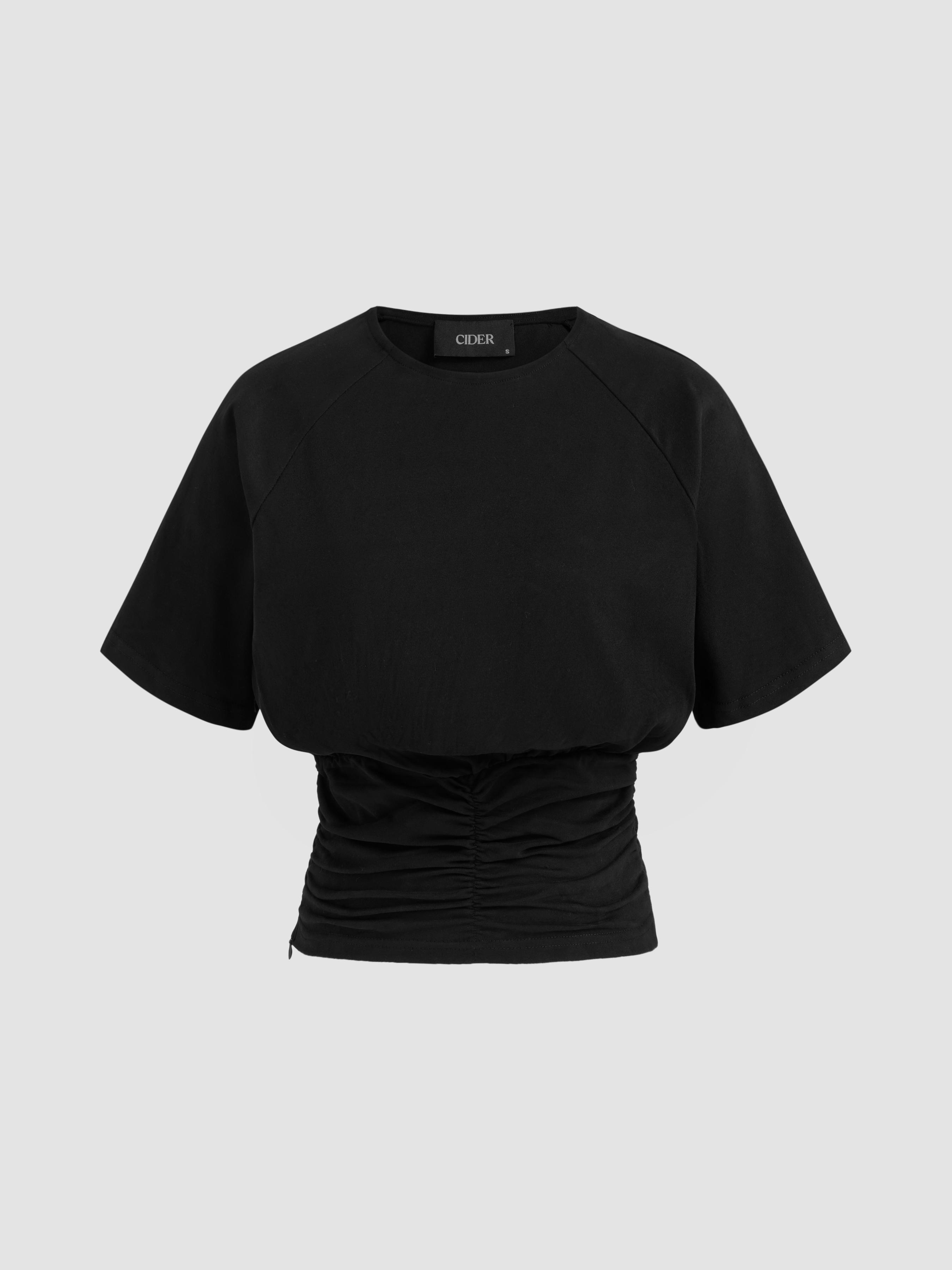 Cotton-blend Round Neck Solid Ruched Short Sleeve Tee by CIDER