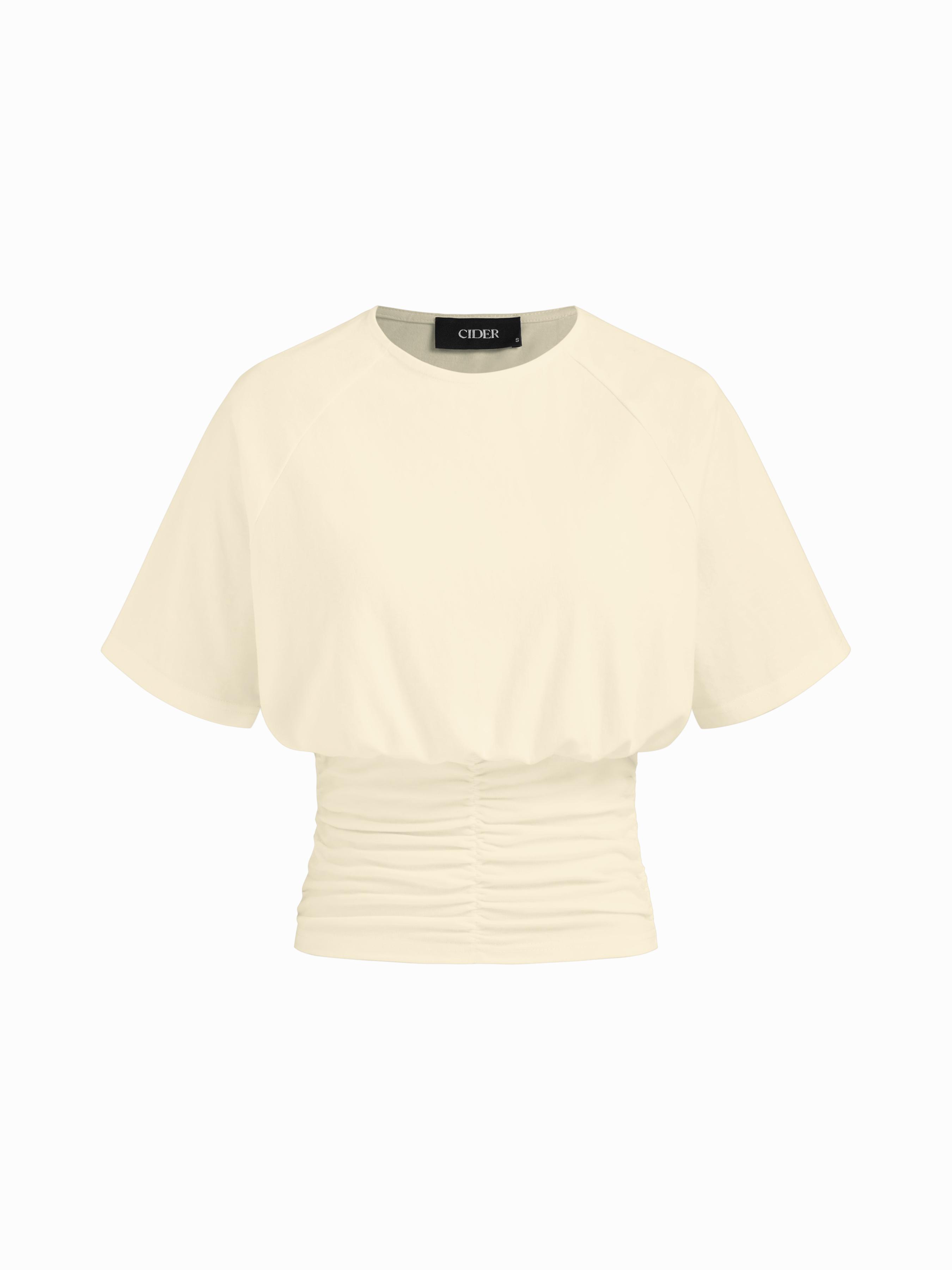 Cotton-blend Round Neck Solid Ruched Short Sleeve Tee by CIDER