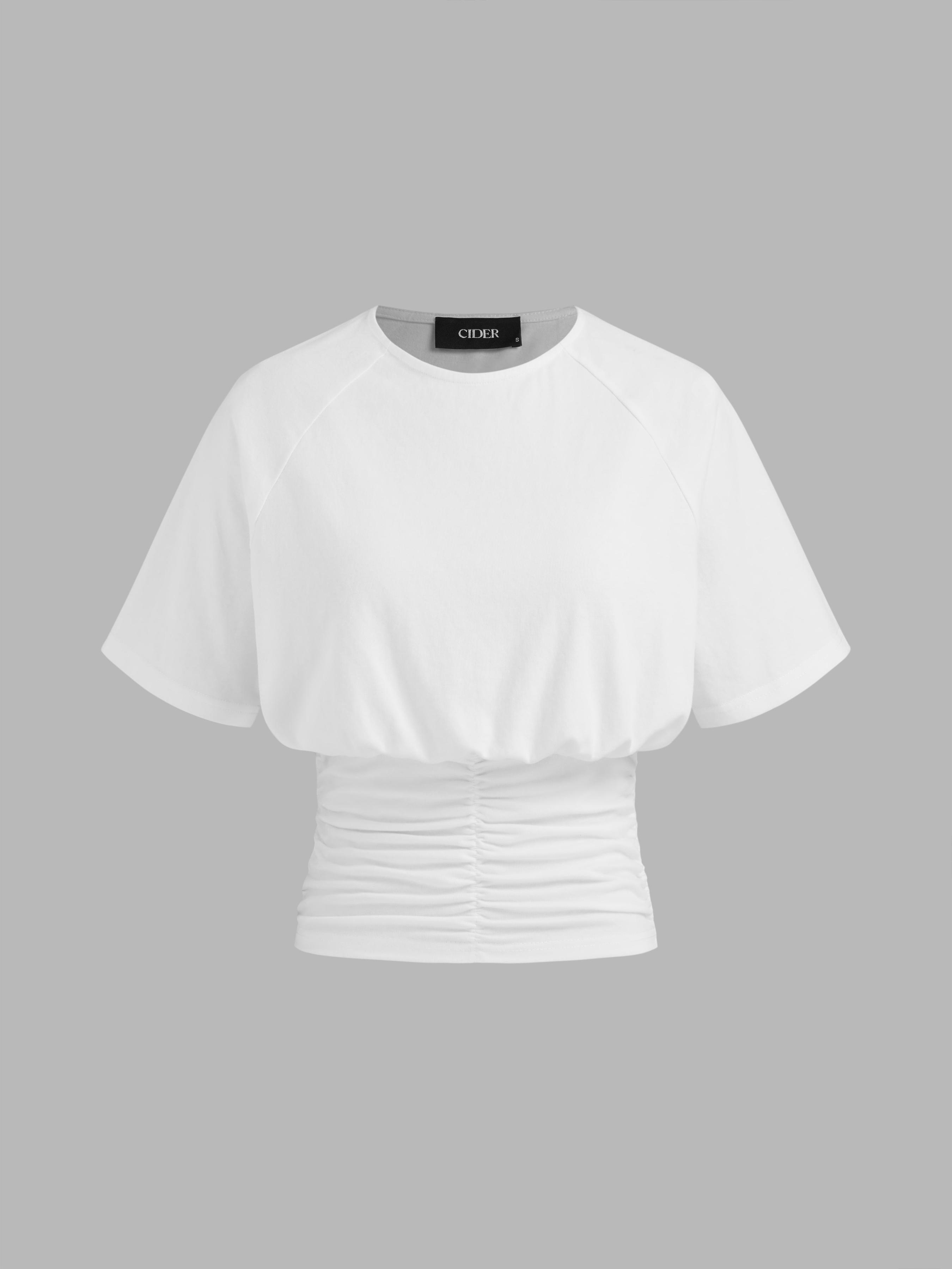 Cotton-blend Round Neck Solid Ruched Short Sleeve Tee by CIDER