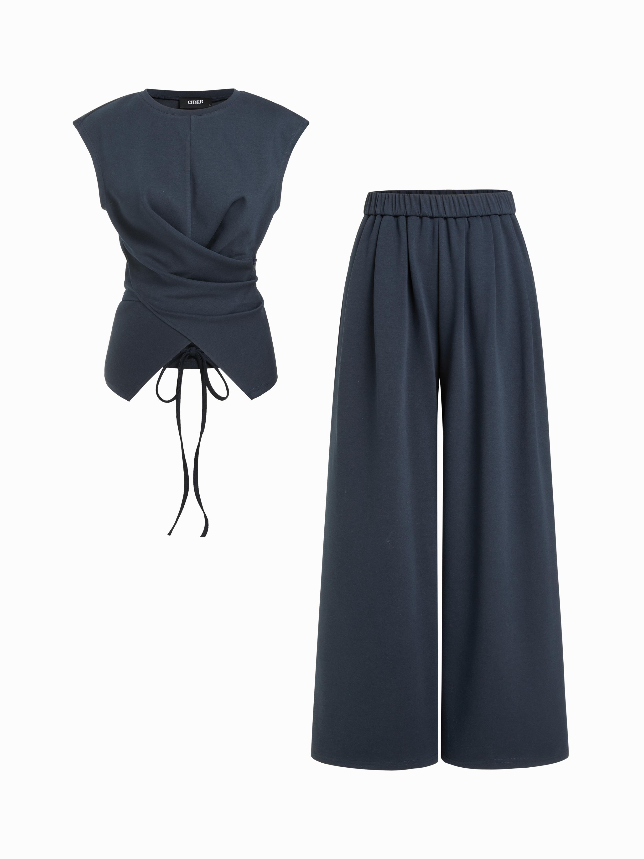 Cotton-blend Round Neck Twist Top & Mid Rise Wide Leg Trousers Set by CIDER