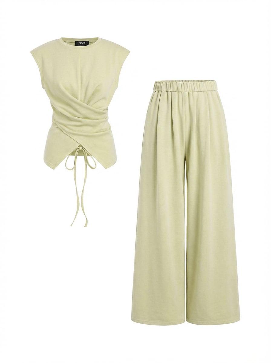 Cotton-blend Round Neck Twist Top & Mid Rise Wide Leg Trousers Set by CIDER