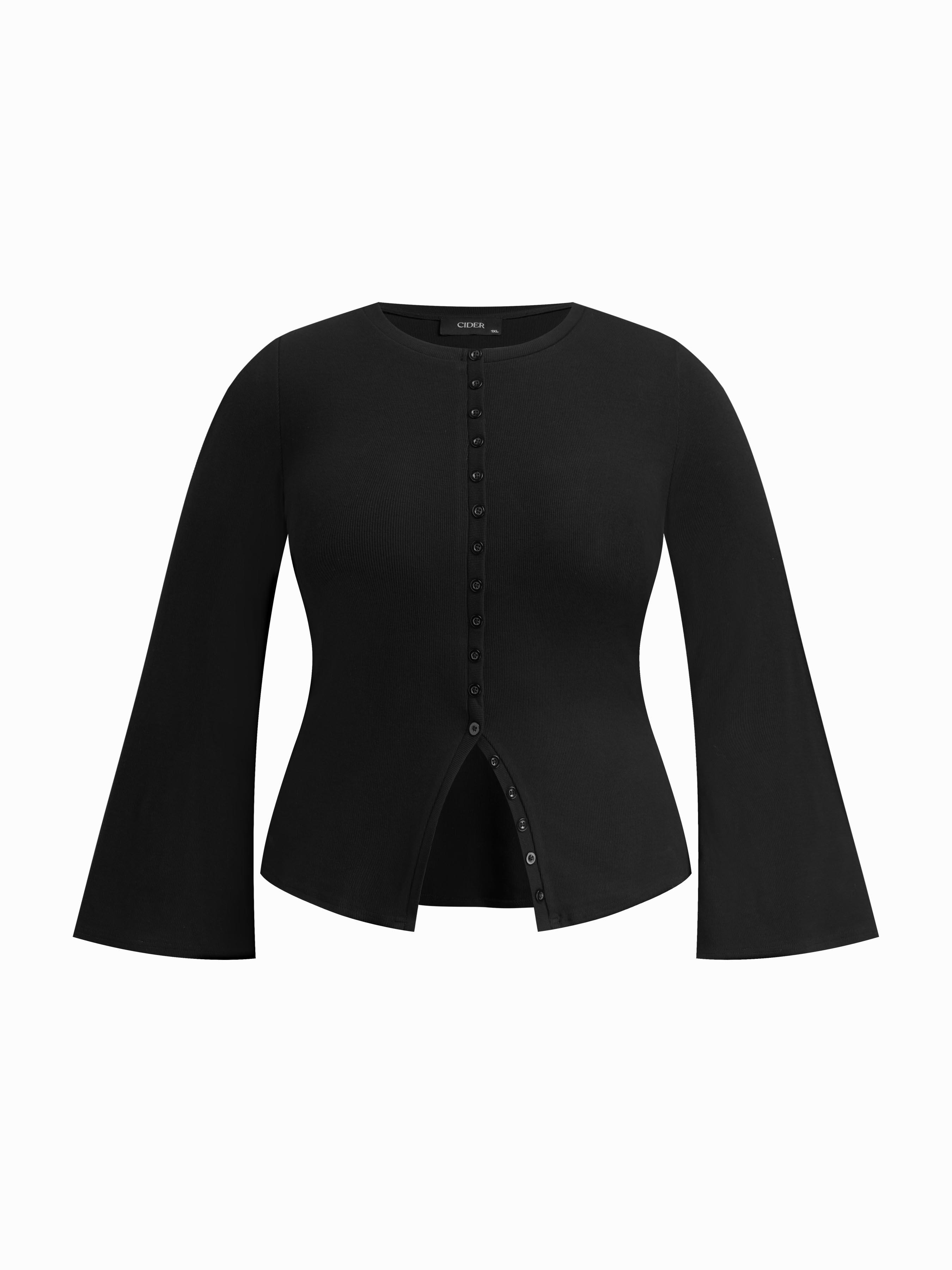 Cotton-blend Round Neckline Button Up Bell Sleeve Top Curve & Plus by CIDER