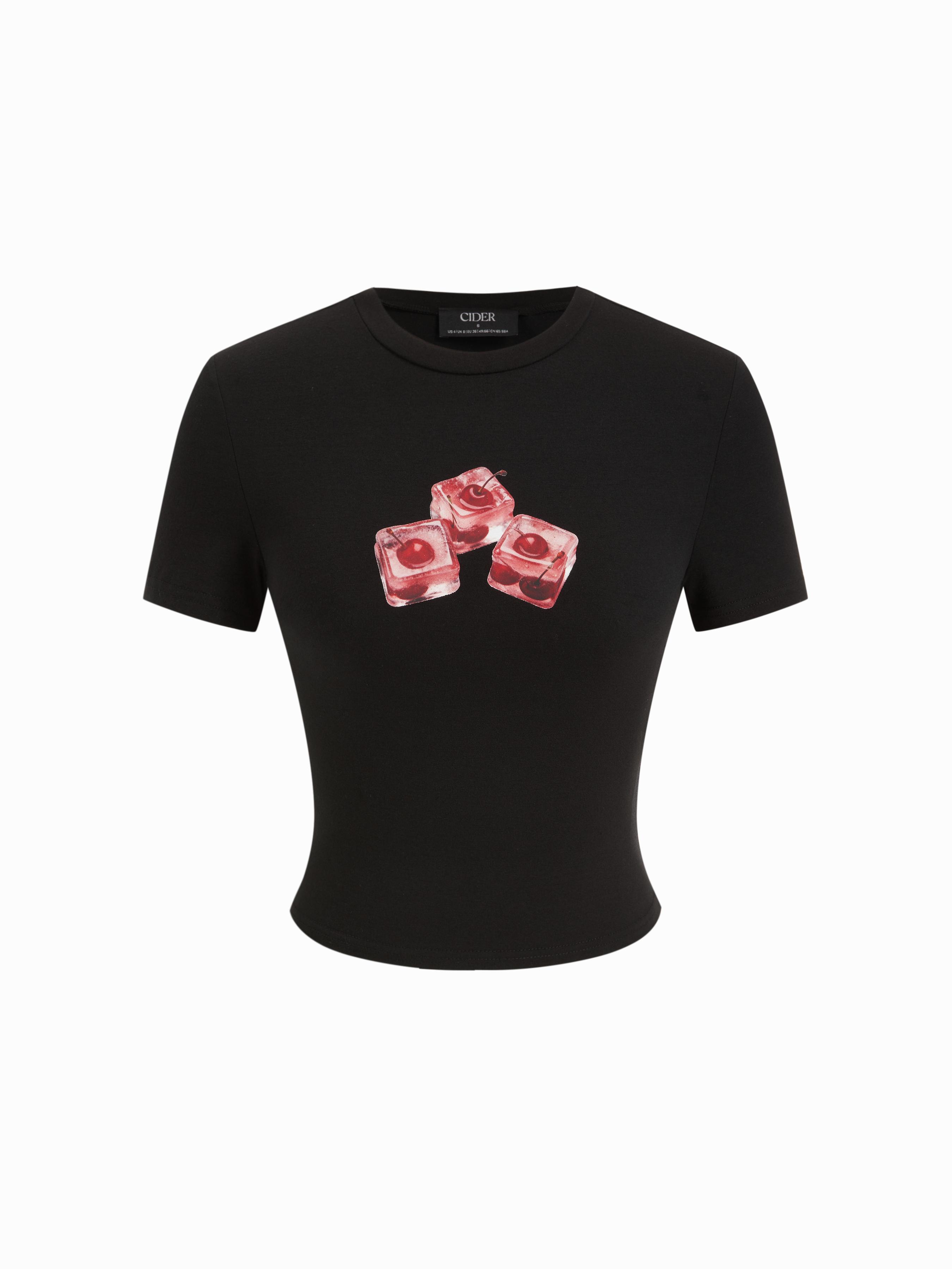 Cotton-blend Round Neckline Cherry Ice Cube Graphic Crop Tee by CIDER