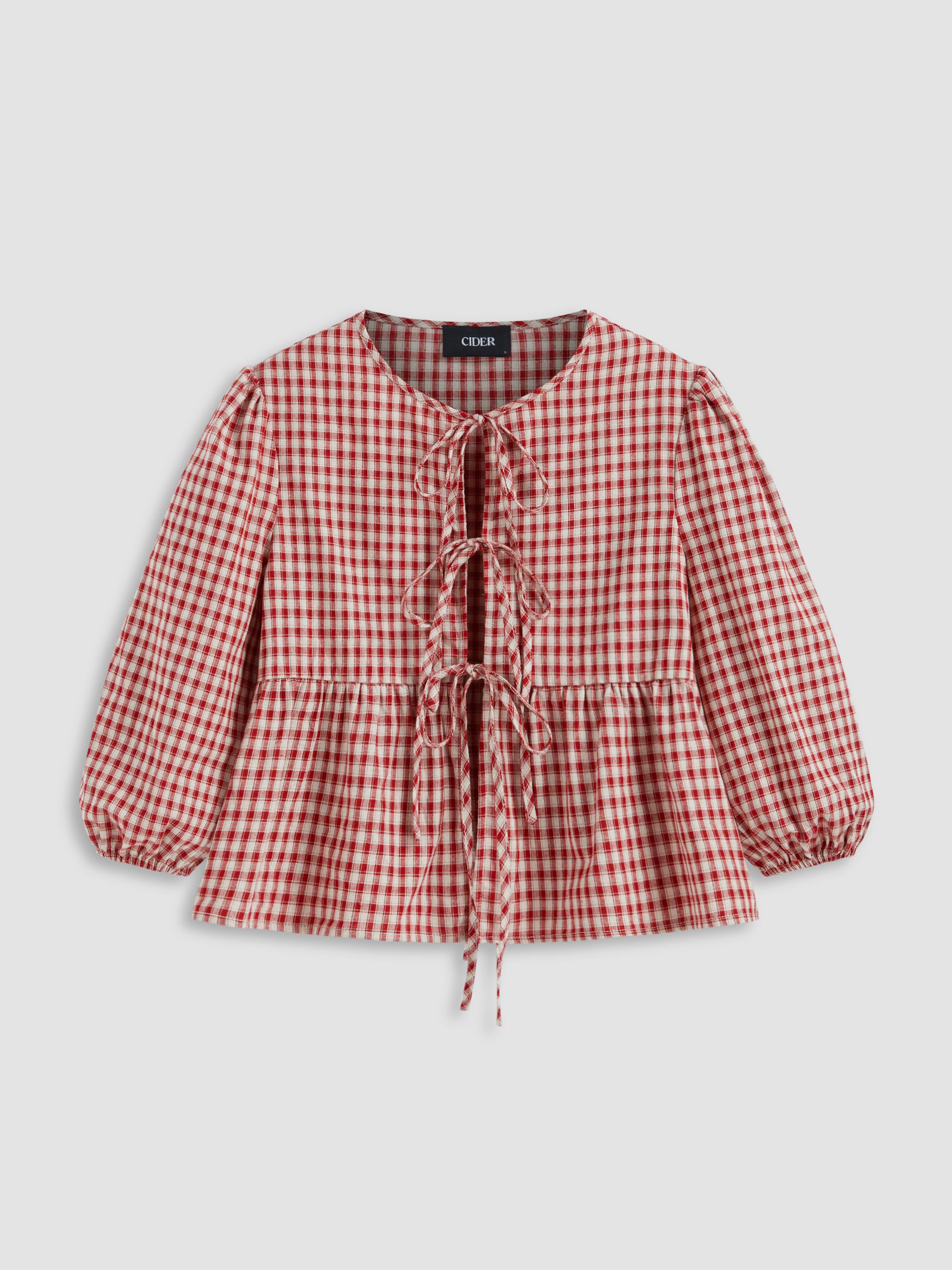 Cotton-blend Round Neckline Gingham Tie Front Long Sleeve Blouse by CIDER