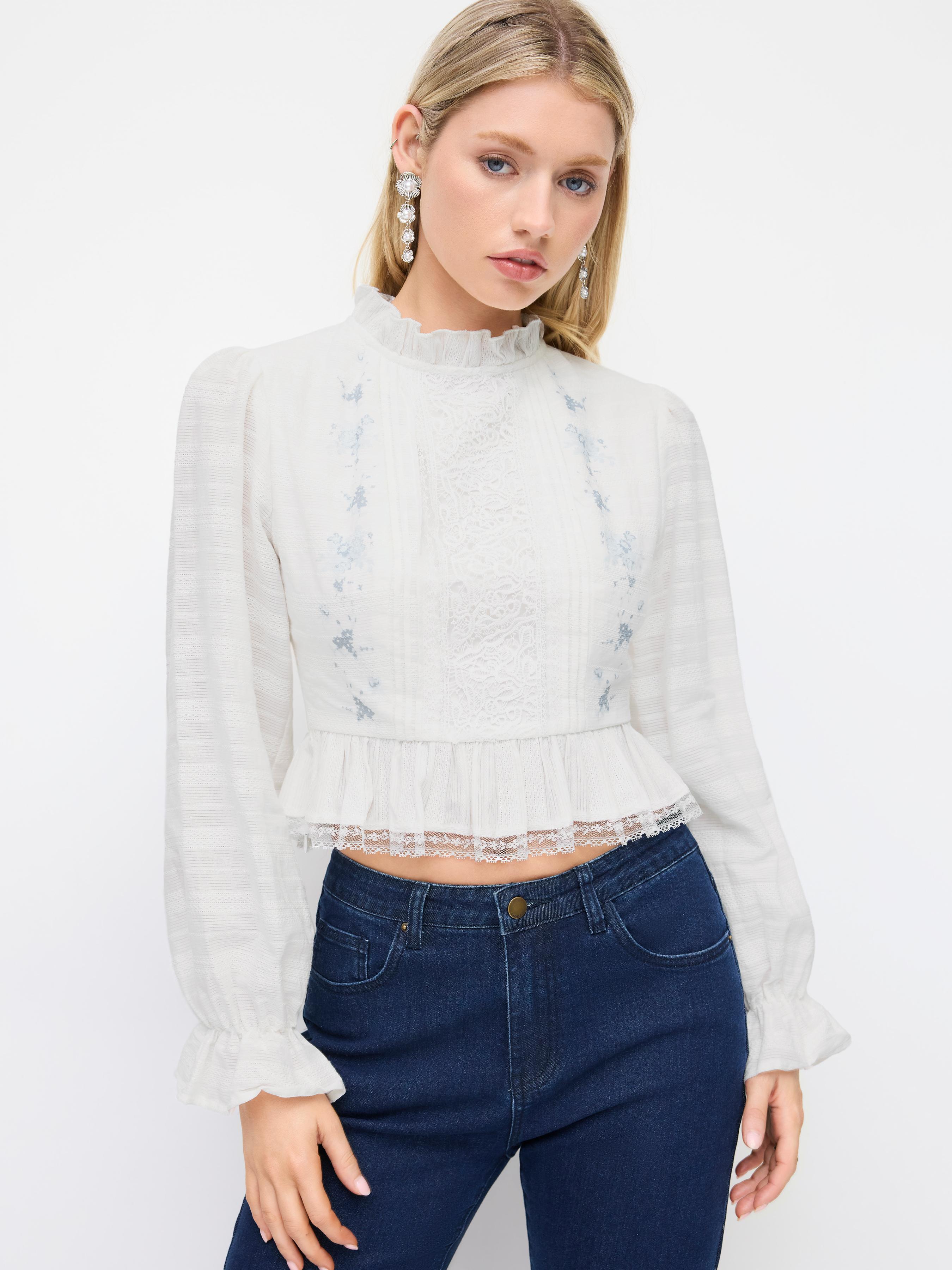 Cotton-blend Round Neckline Lace Panel Floral Lantern Sleeve Blouse by CIDER