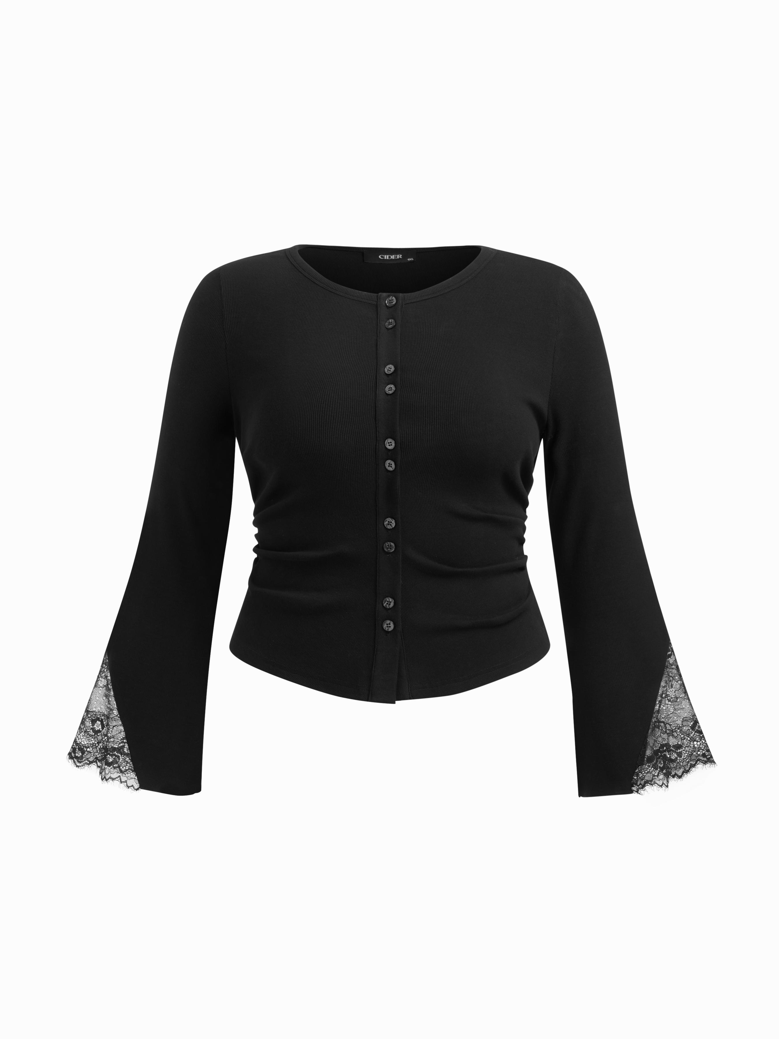 Cotton-blend Round Neckline Long Sleeve Contrasting Lace Top Curve & Plus by CIDER