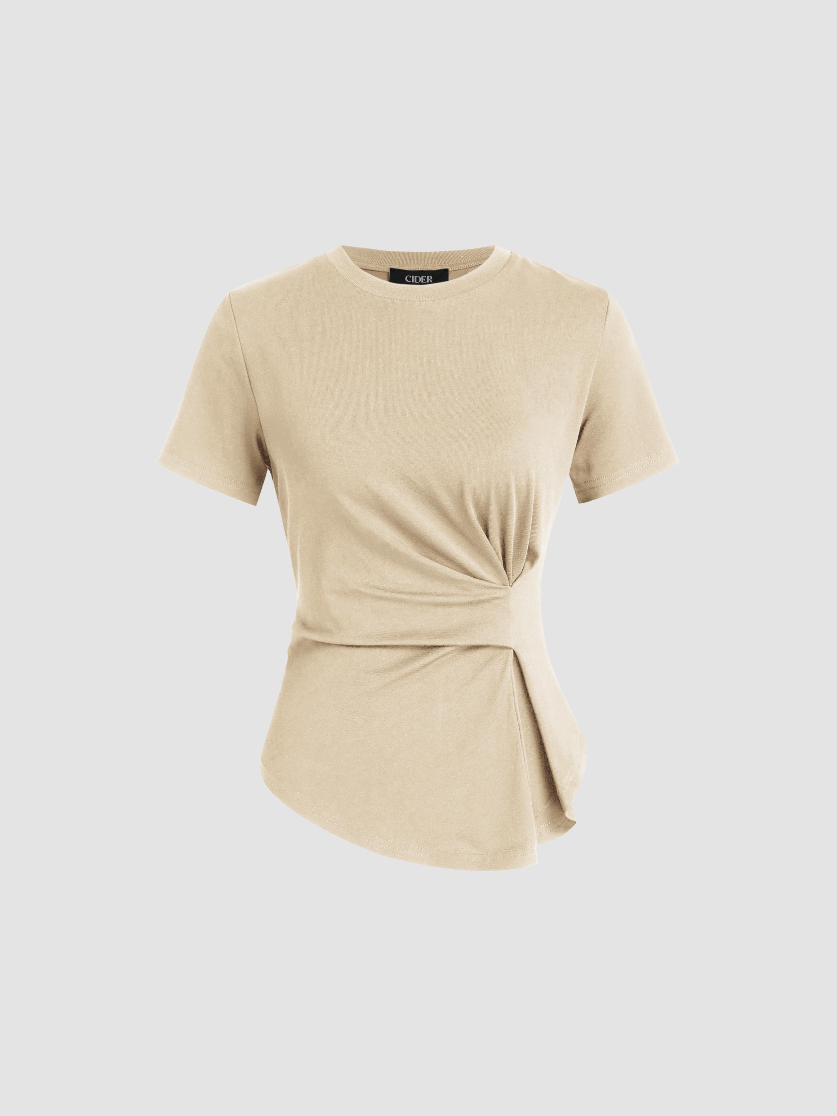 Cotton-blend Round Neckline Ruched Asymmetrical Hem Tee by CIDER