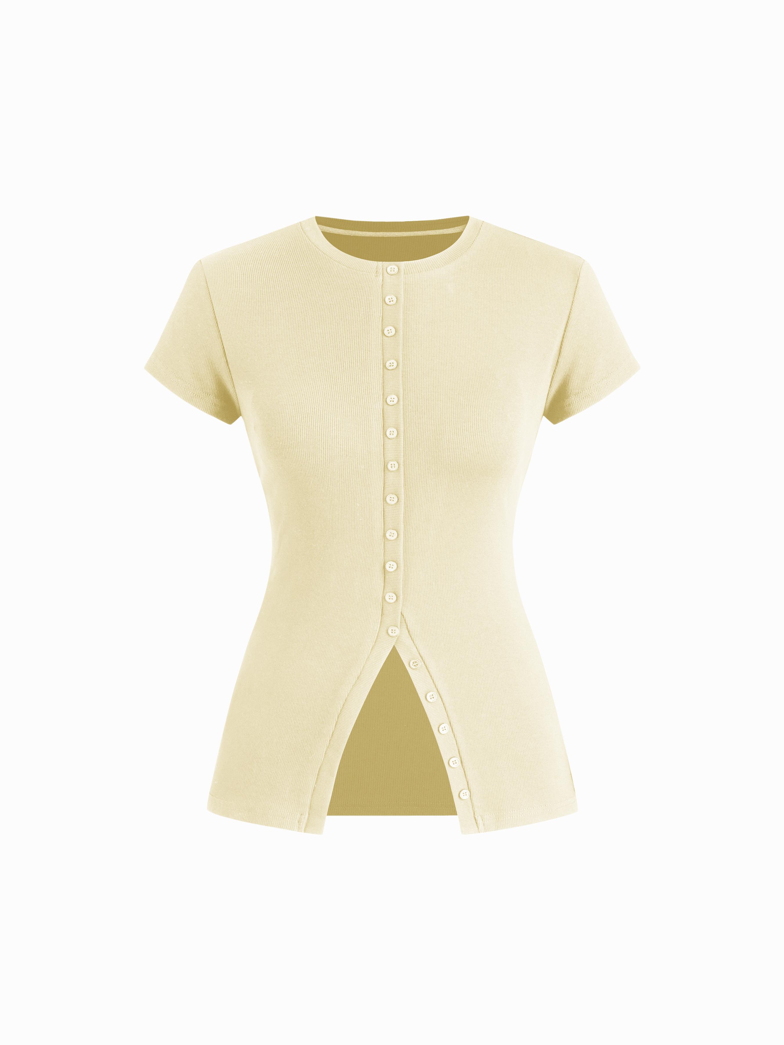 Cotton-blend Round Neckline Solid Button Short Sleeve Top by CIDER