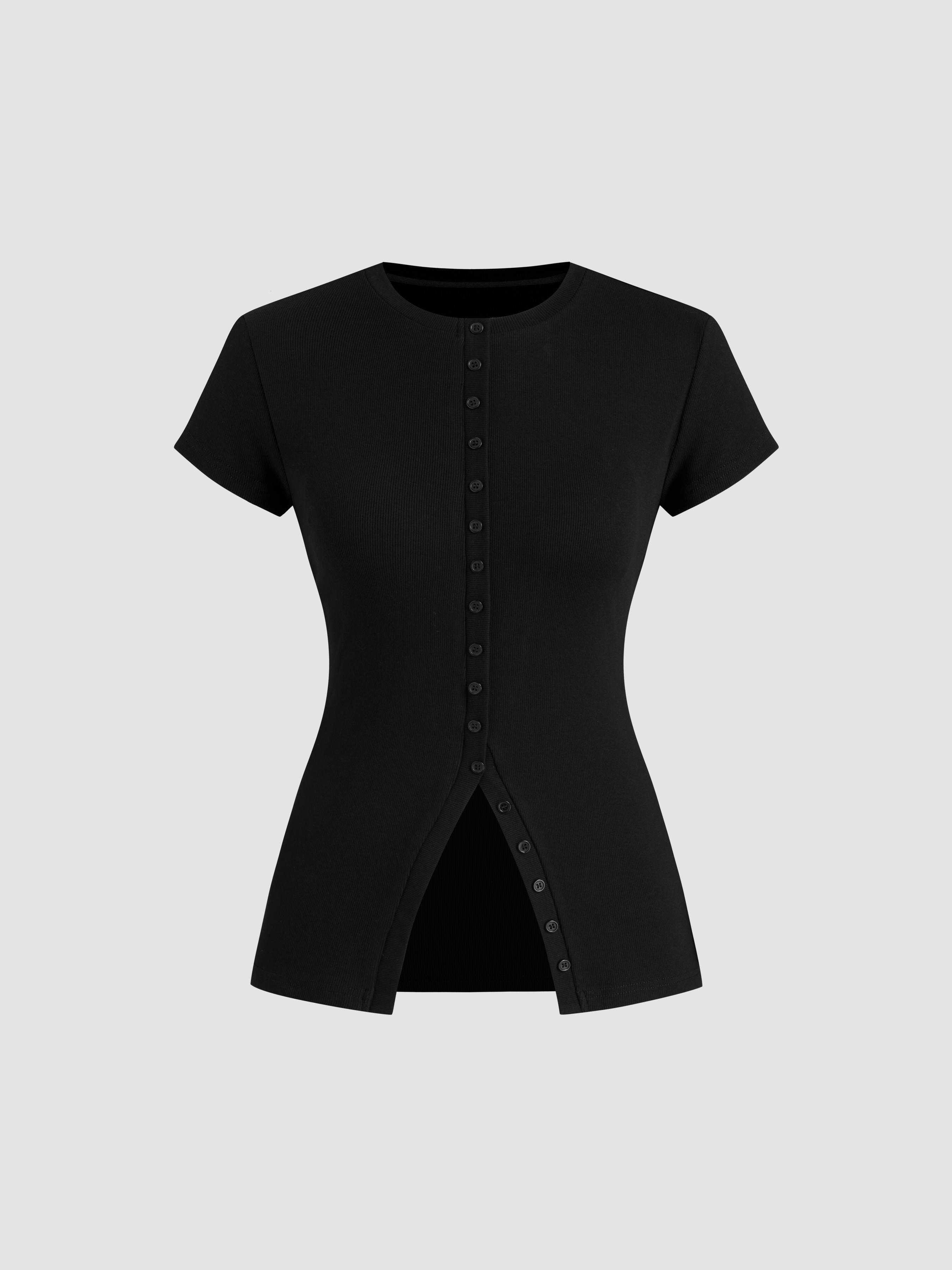 Cotton-blend Round Neckline Solid Button Short Sleeve Top by CIDER