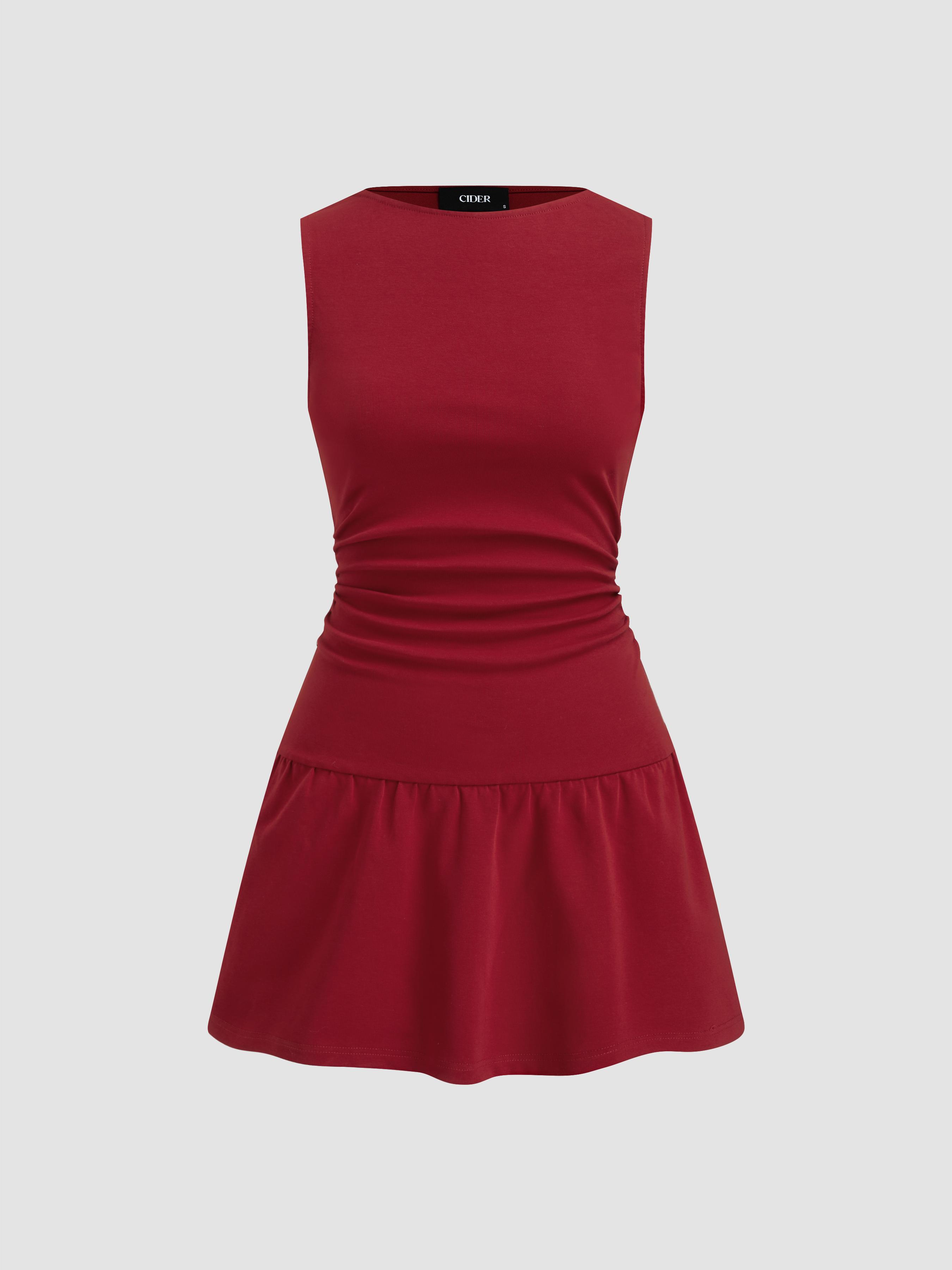 Cotton-blend Round Neckline Solid Ruched Ruffle Hem Mini Cami Dress by CIDER