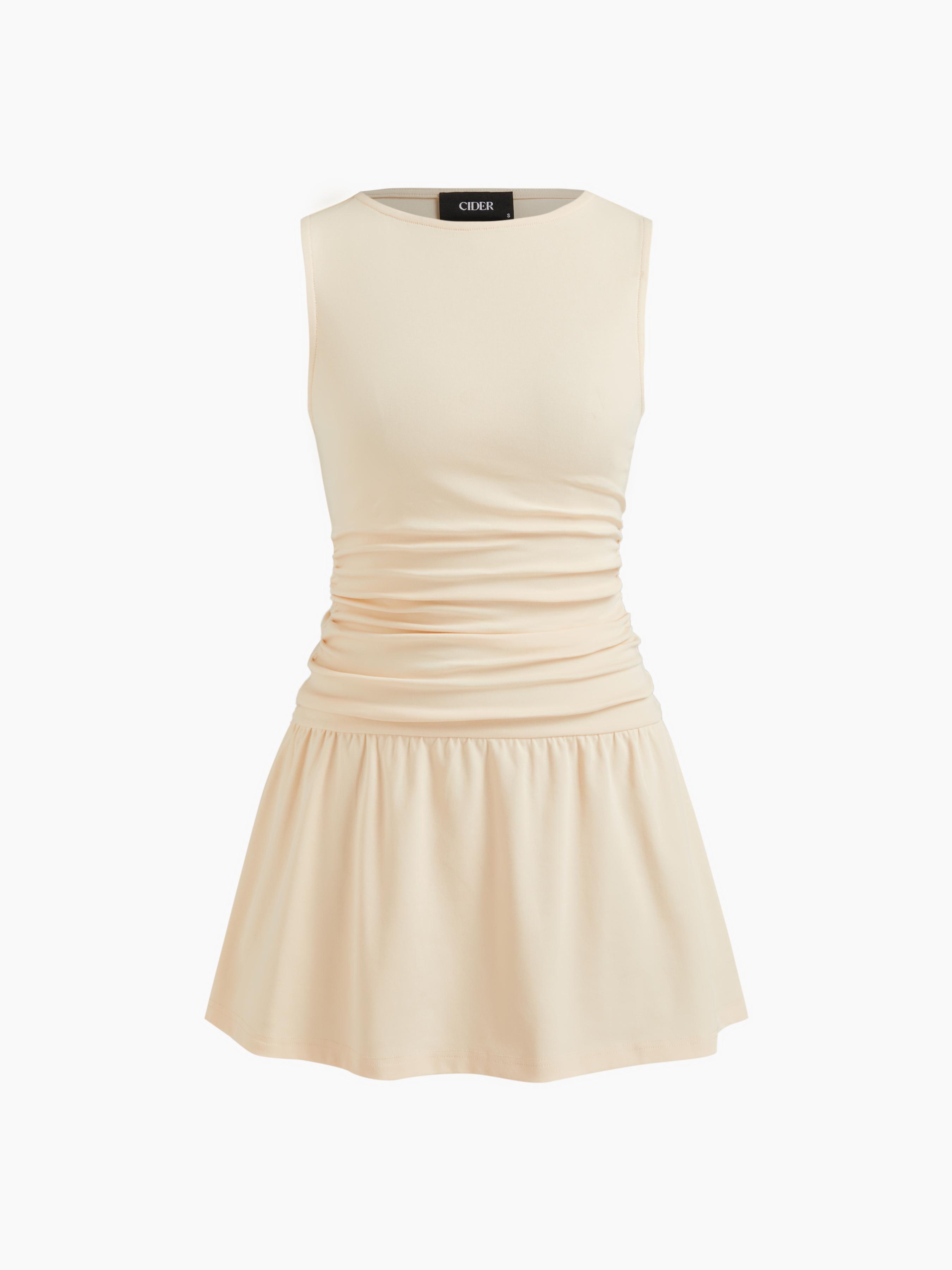Cotton-blend Round Neckline Solid Ruched Ruffle Hem Mini Cami Dress by CIDER