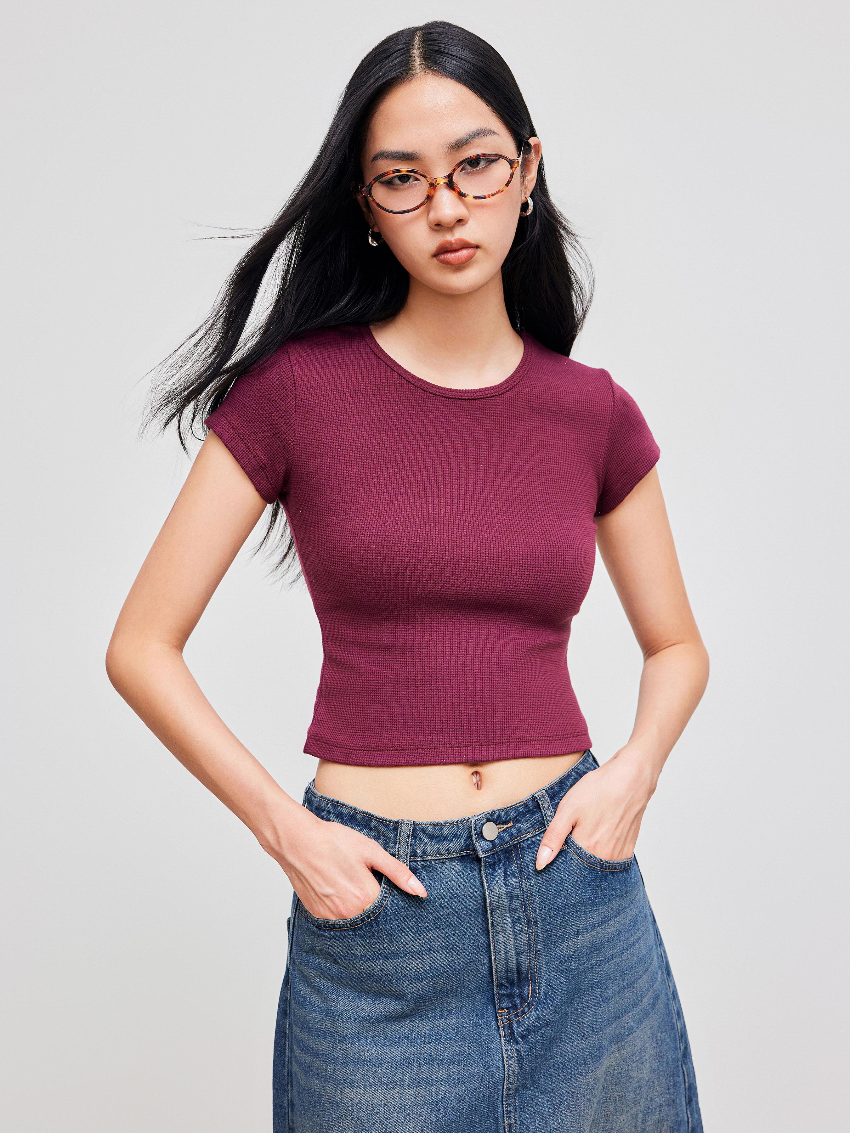 Cotton-blend Round Neckline Solid Short Sleeve Tee by CIDER