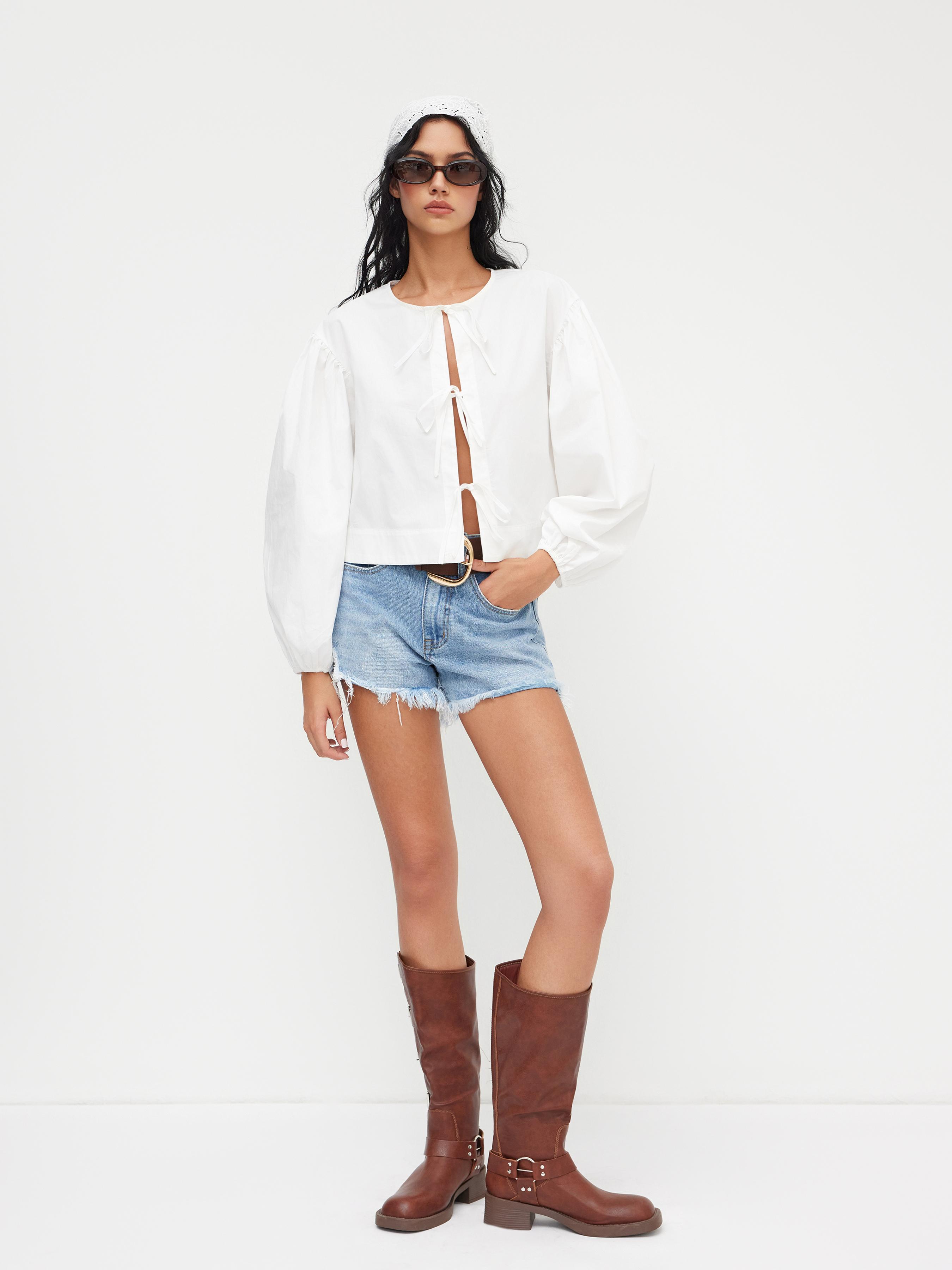 Cotton-blend Round Neckline Solid Tie Front Bowknot Oversized Blouse by CIDER
