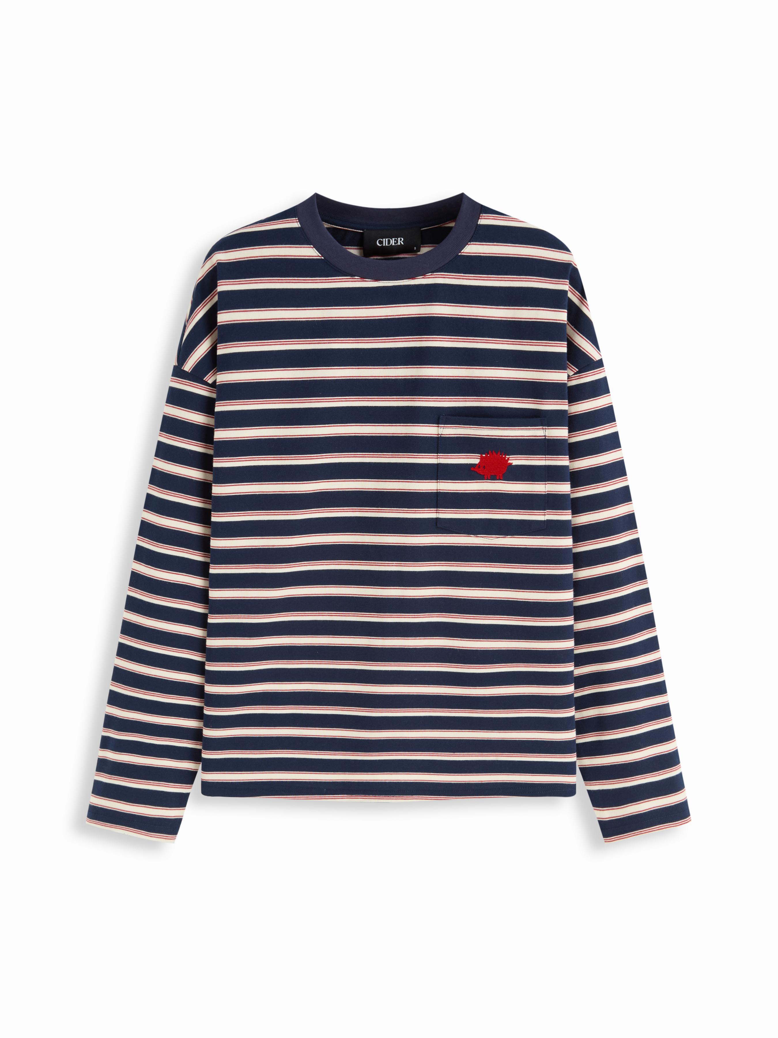 Cotton-blend Round Neckline Stripe Hedgehog Embroidered Oversized Tee by CIDER