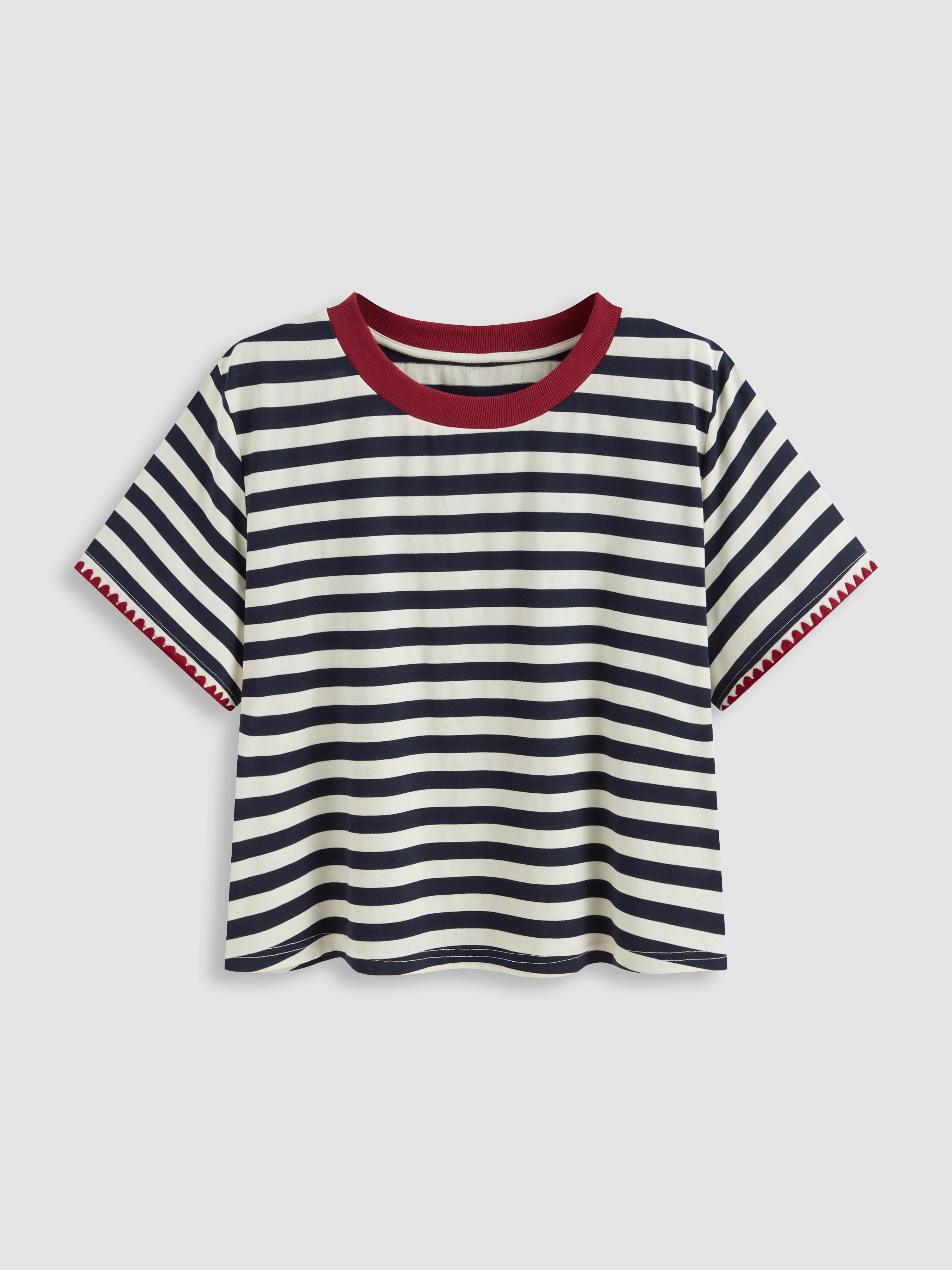 Cotton-blend Round Neckline Stripe Tee Curve & Plus by CIDER