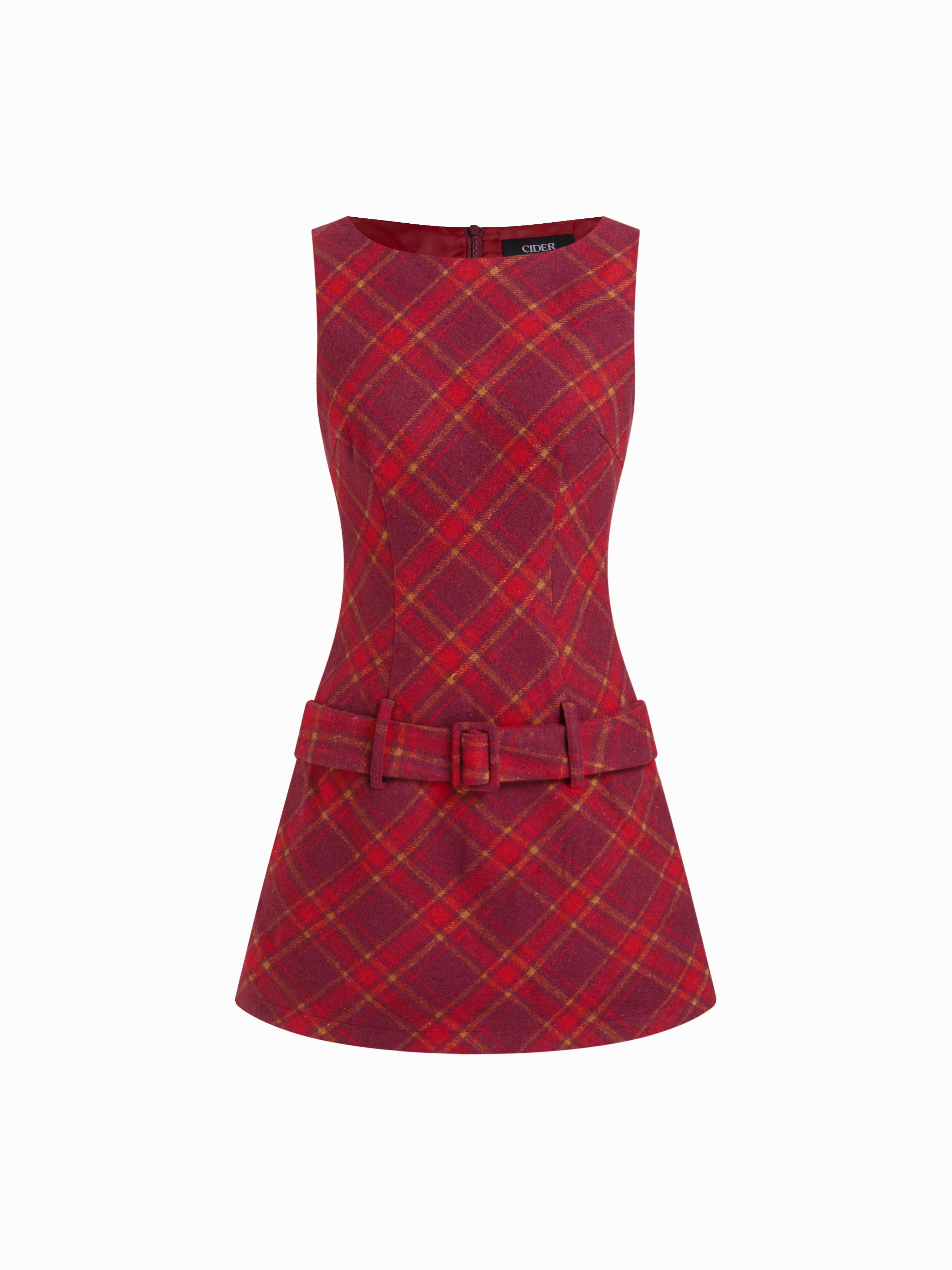 Cotton-blend Round Neckline Tartan Mini Dress With Belt by CIDER
