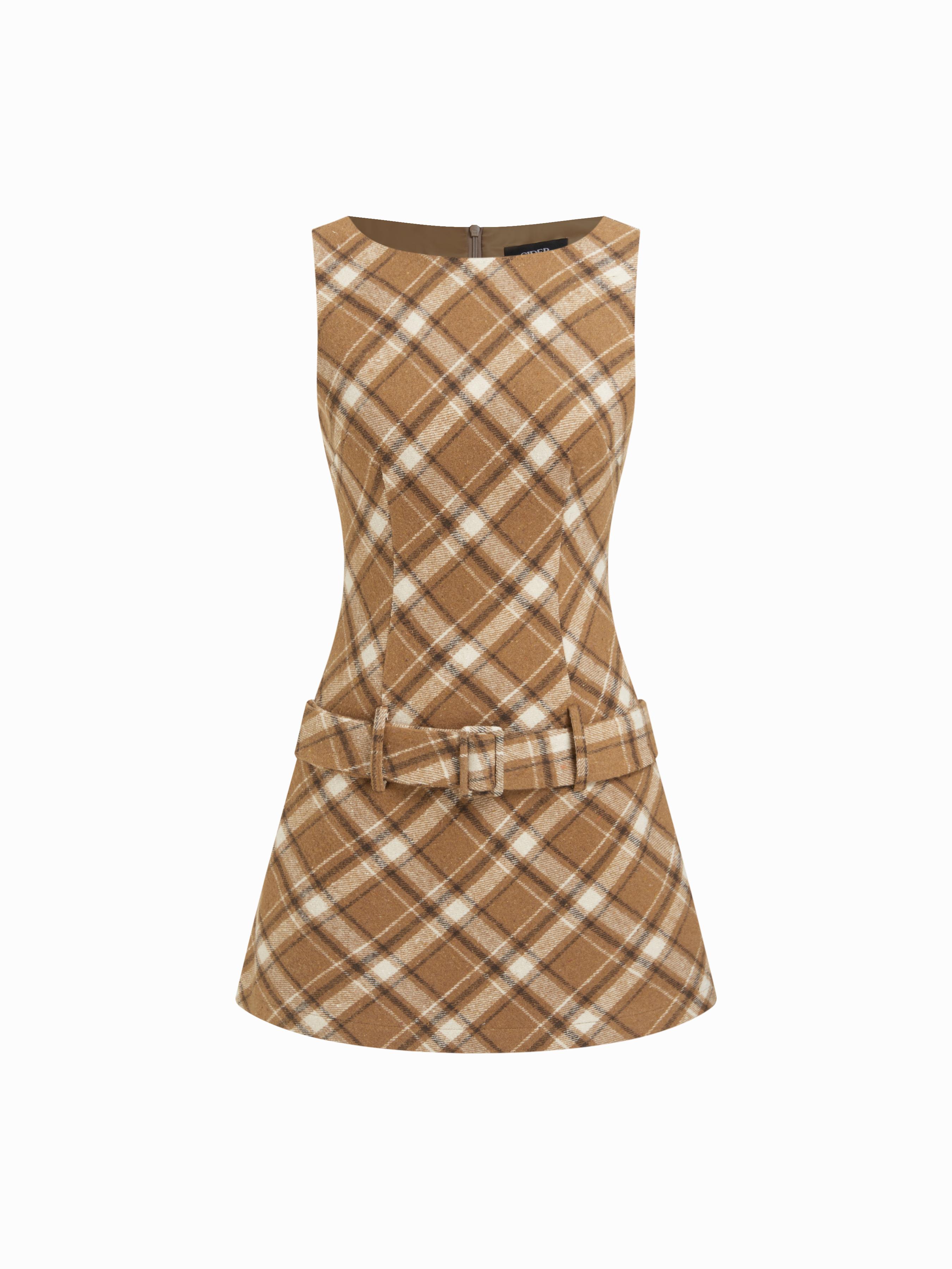Cotton-blend Round Neckline Tartan Mini Dress With Belt by CIDER