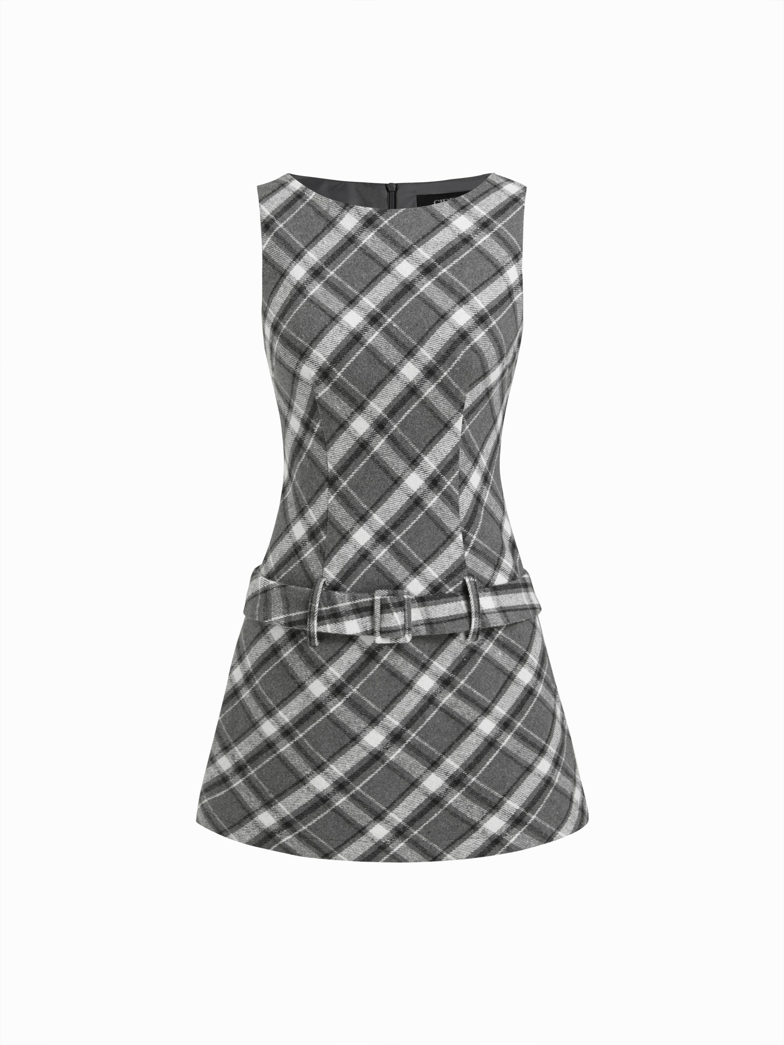 Cotton-blend Round Neckline Tartan Mini Dress With Belt by CIDER