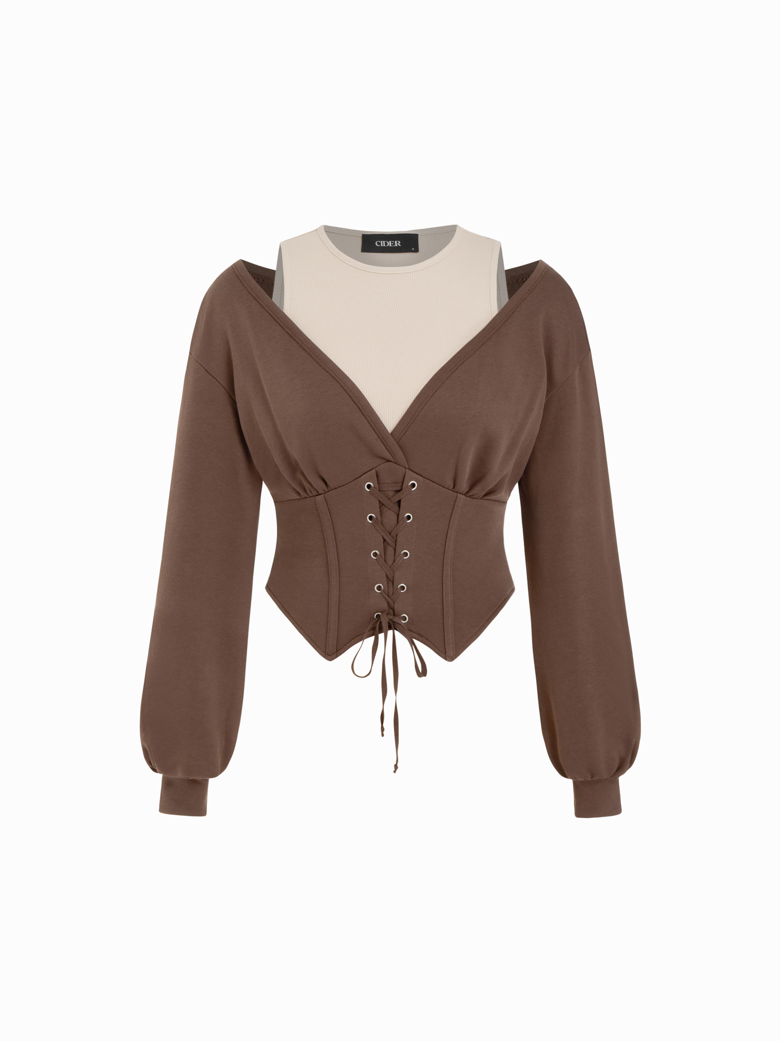 Cotton-blend Round Neckline Two Tone Lace Up Corset Sweatshirt by CIDER