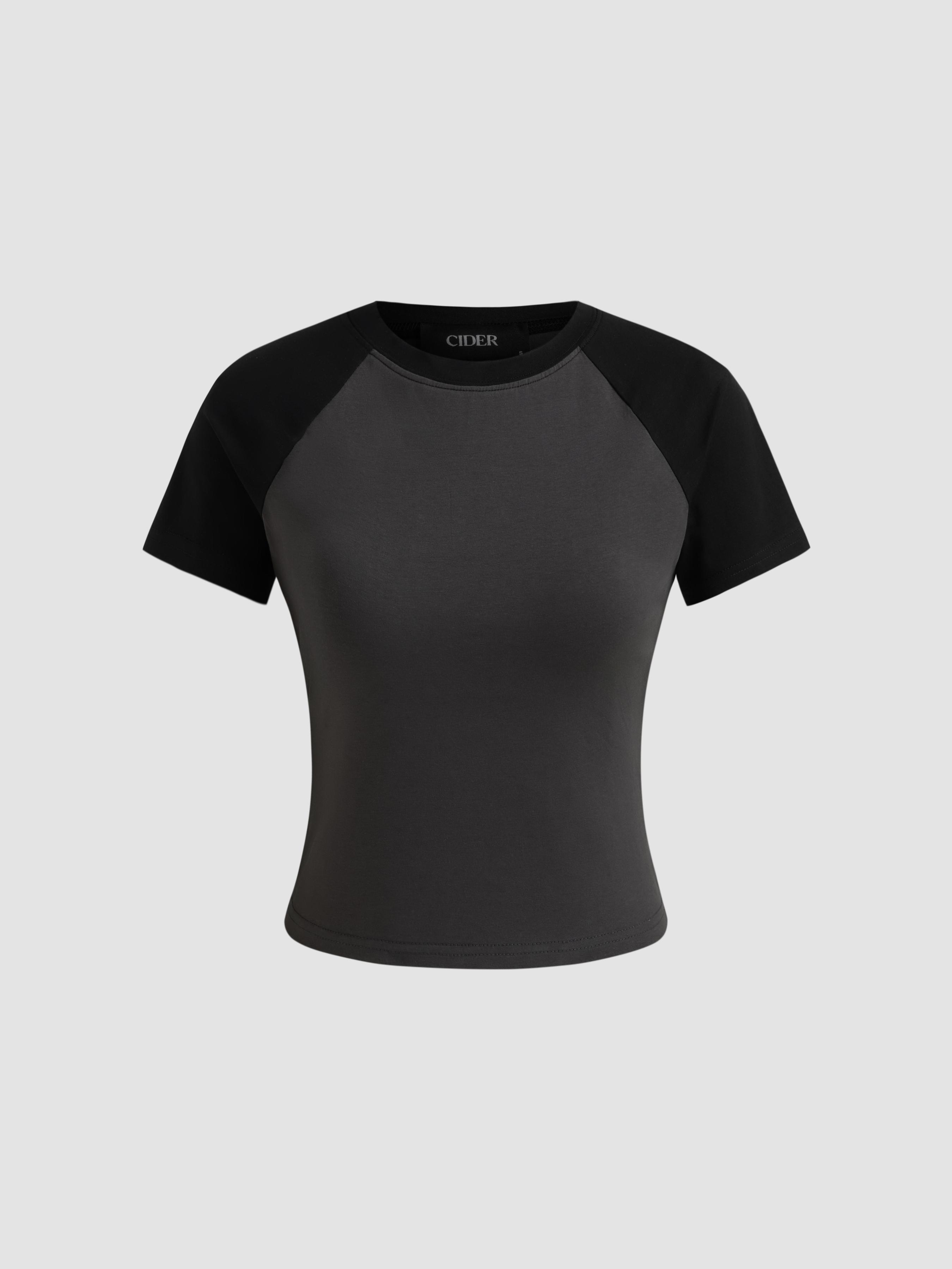 Cotton-blend Round Neckline Two Tone Solid Short Sleeve Tee by CIDER