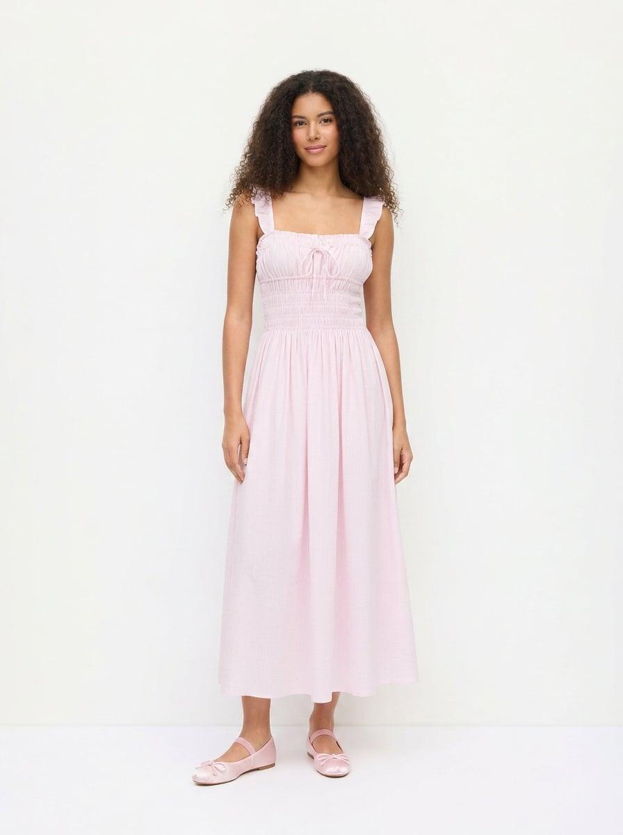 Cotton-blend Ruched Ruffle Sleeve Shirred Milkmaid Maxi Dress by CIDER