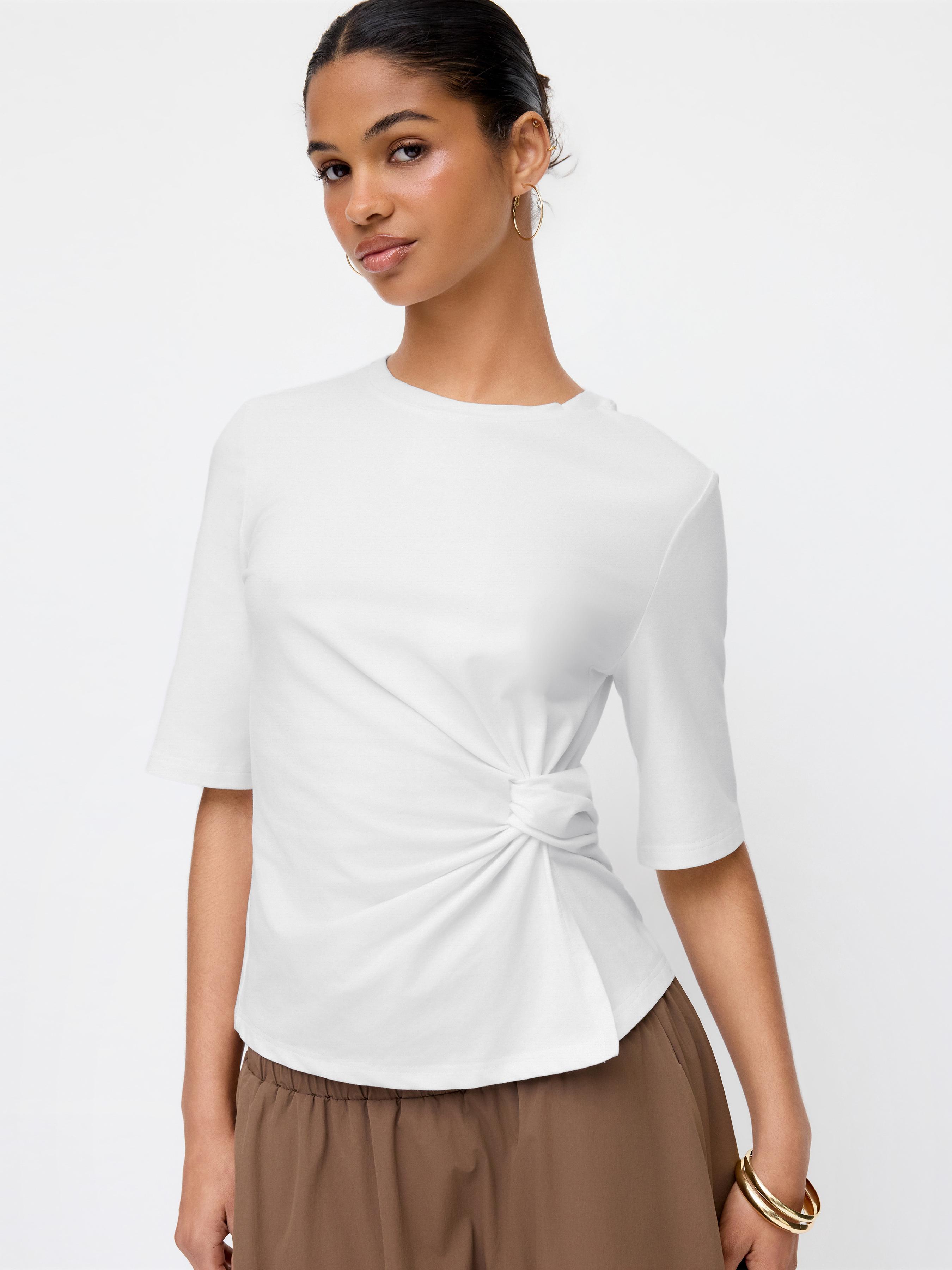 Cotton-blend Ruched Twist Mid-length Sleeve Tee by CIDER