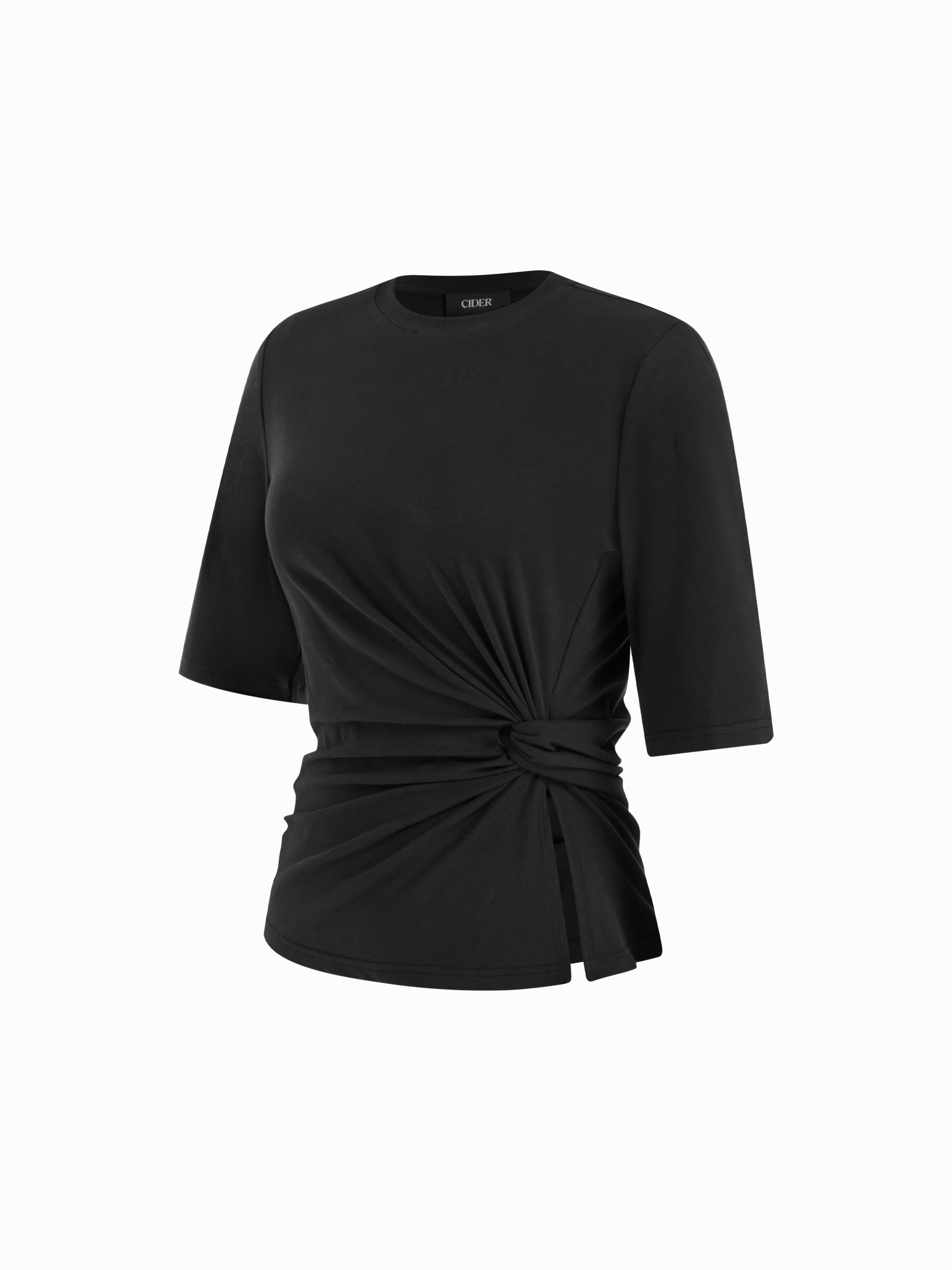 Cotton-blend Ruched Twist Mid-length Sleeve Tee by CIDER