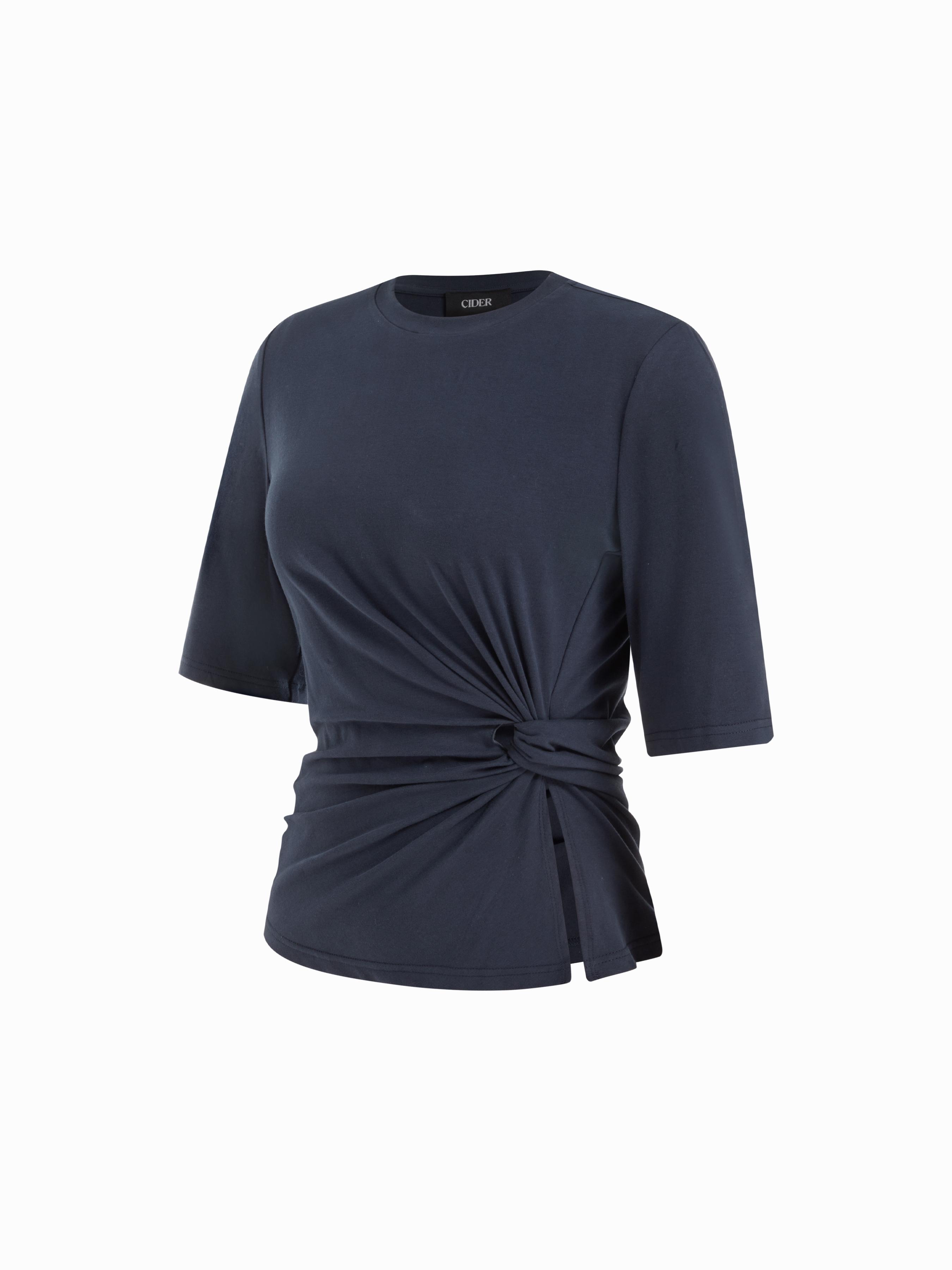 Cotton-blend Ruched Twist Mid-length Sleeve Tee by CIDER